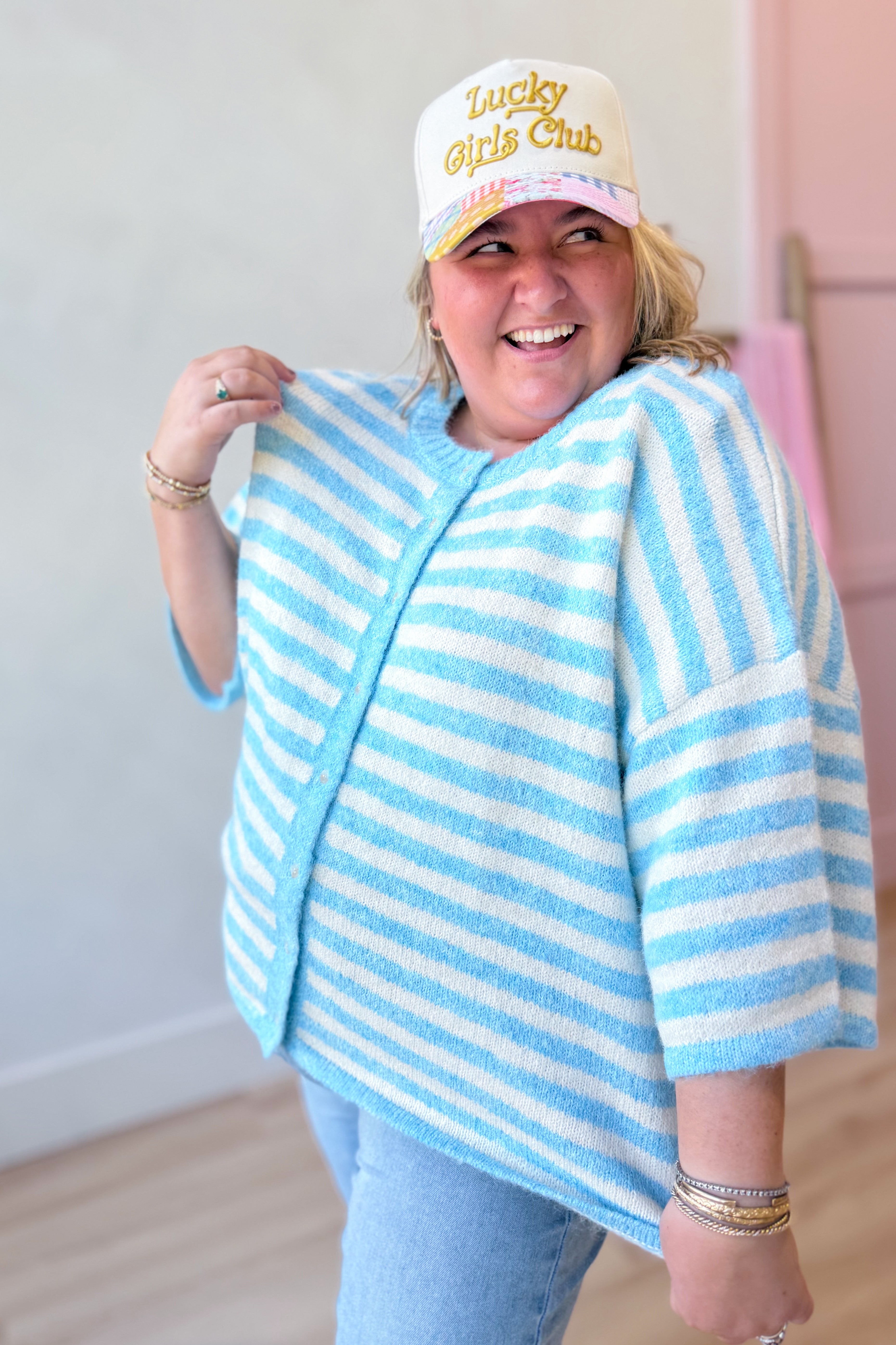 Lauren blue striped button-down cardigan top from BAEVELY, featuring a classic spring sweater design with long sleeves.