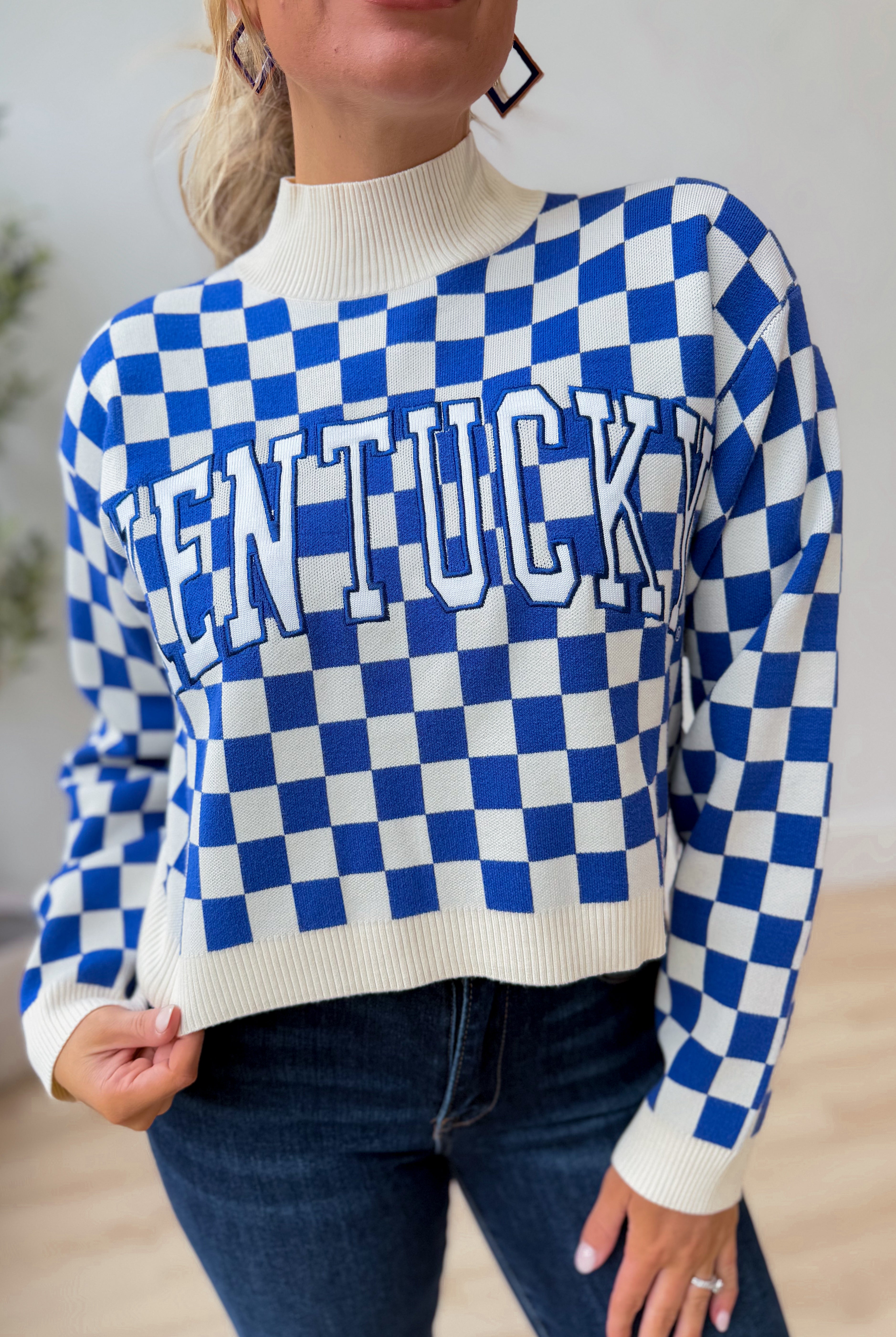 GameDay Social Checkered Kentucky Mock Neck Sweater - Be You Boutique