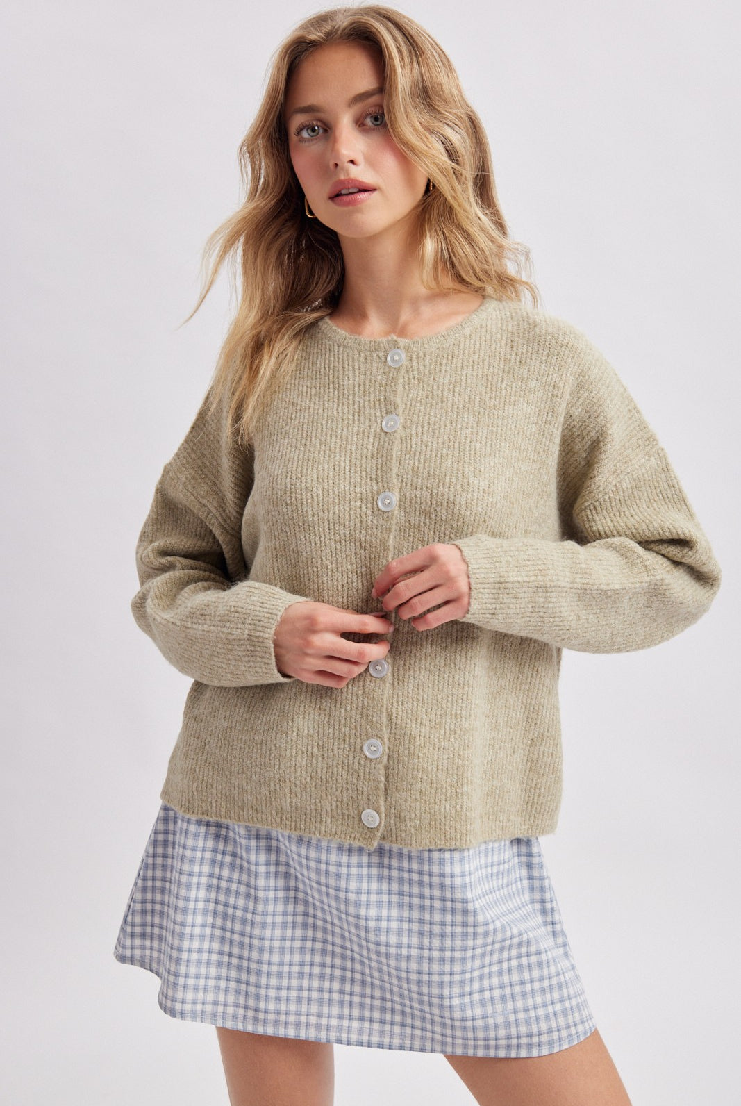 Wishlist Leilah Button Front Sweater Cardigan, a cozy 132 Fall sweater with buttons, shown in a natural knit fabric.