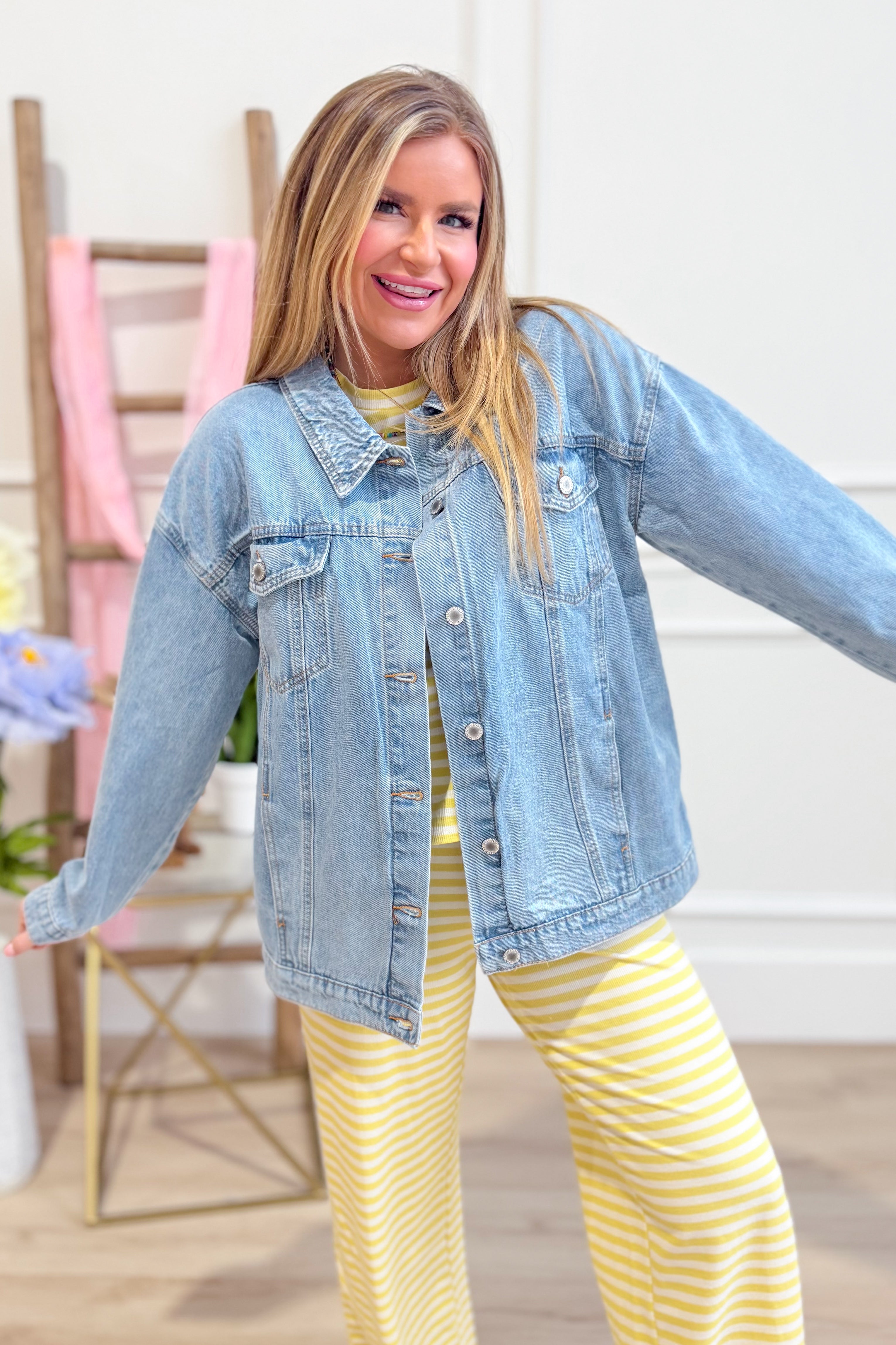 WISHLIST Winnie Washed Denim Jacket, 140 Outerwear, casual light blue denim with button front and collar.