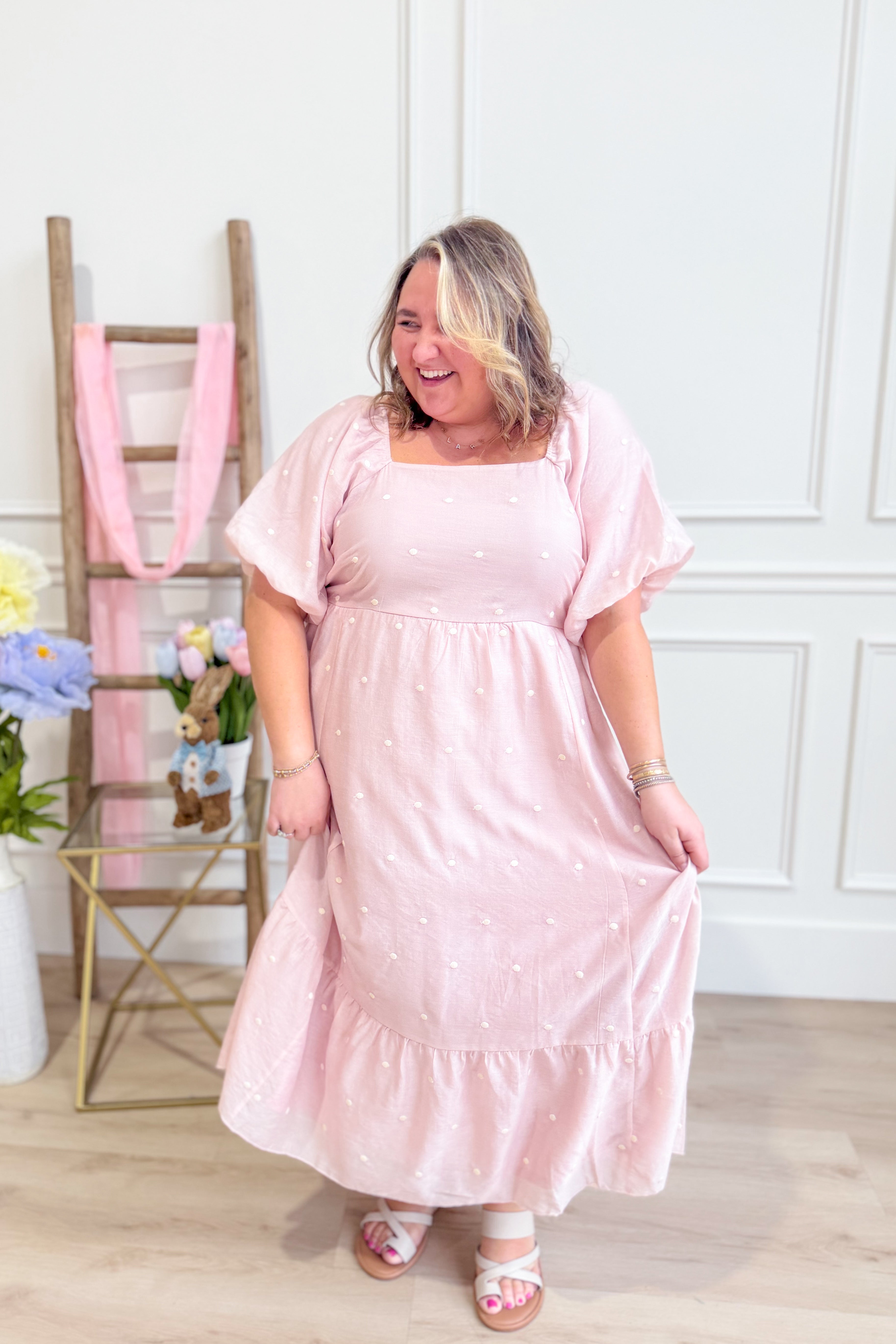 Pamela Blush Embroidered Dotted Dress - Be You Boutique