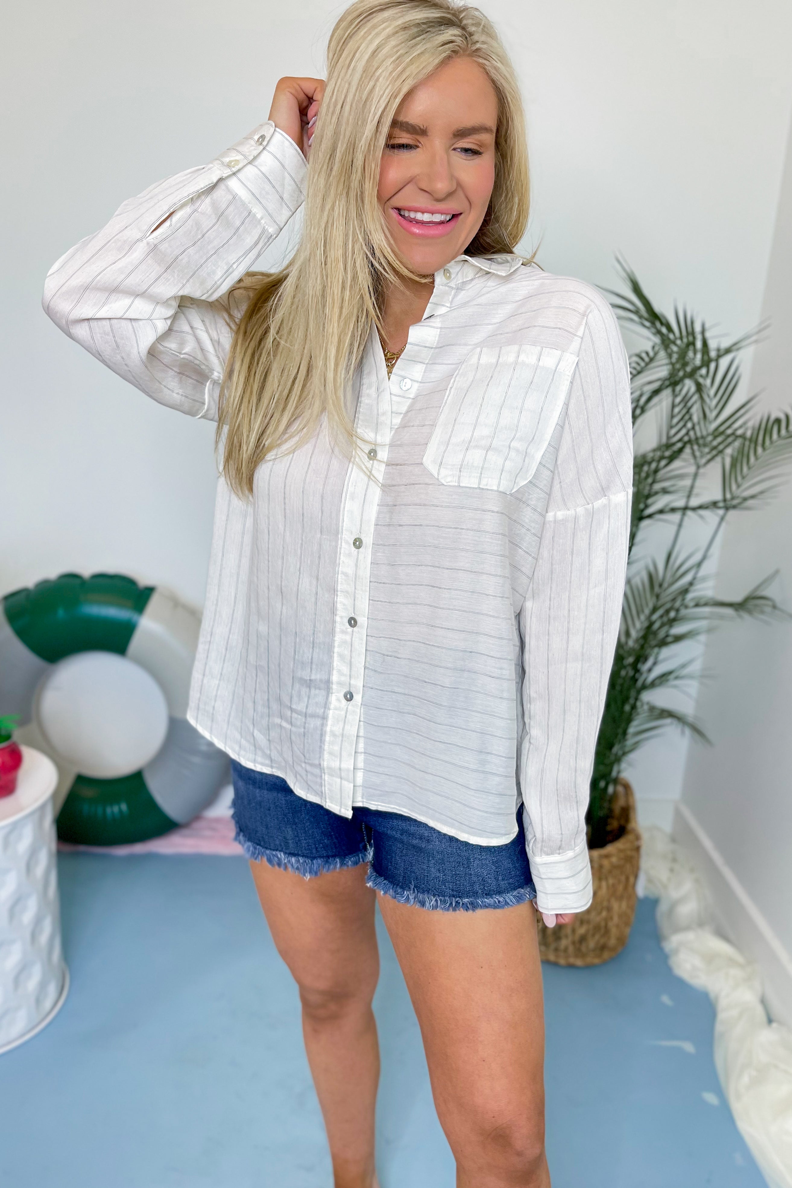 Mia Striped Button Down Oversized Top - Be You Boutique