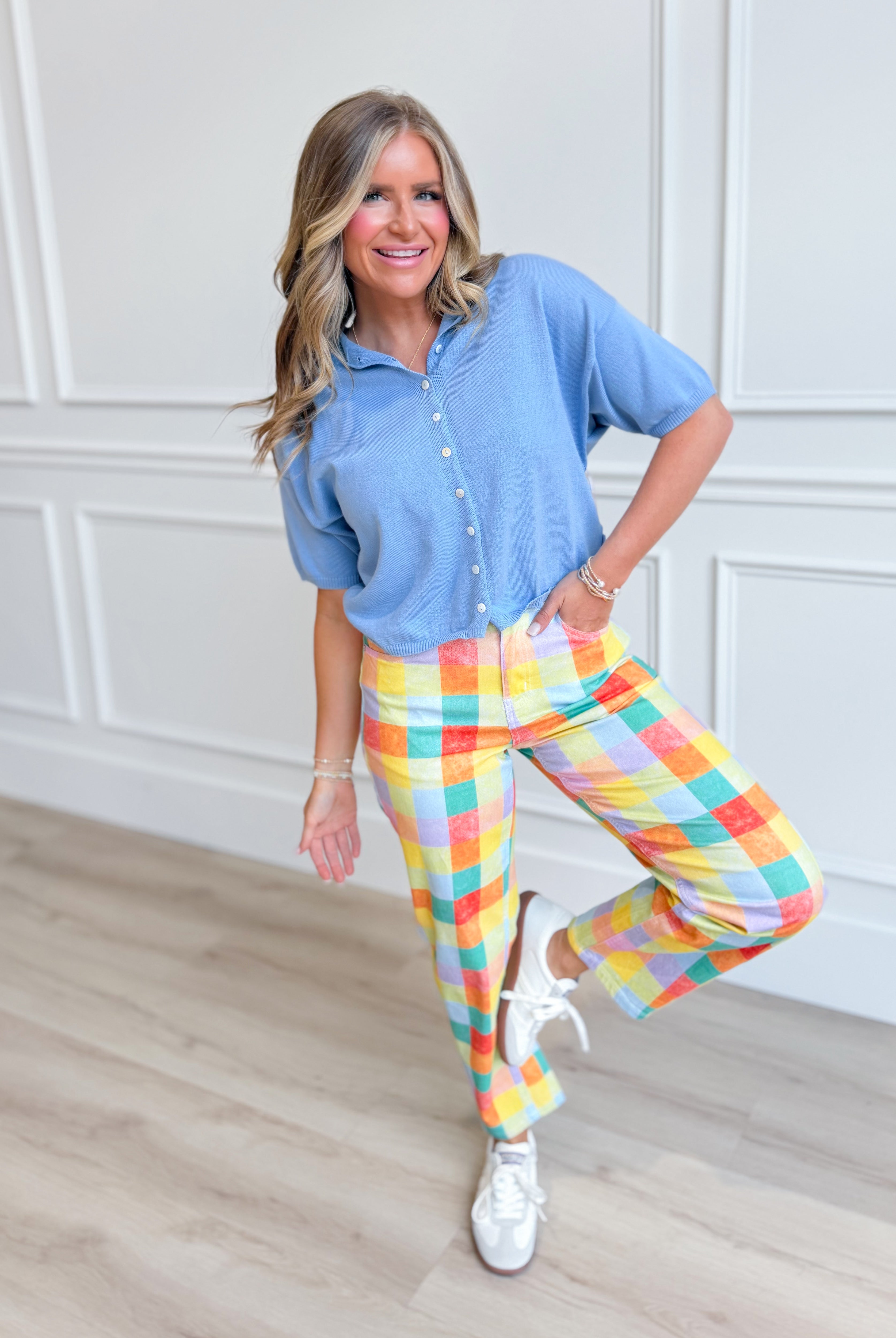 Madras plaid barrel jeans by POPPY & PINE, showing the classic plaid pattern and relaxed fit of the 147 Novelty Jeans.