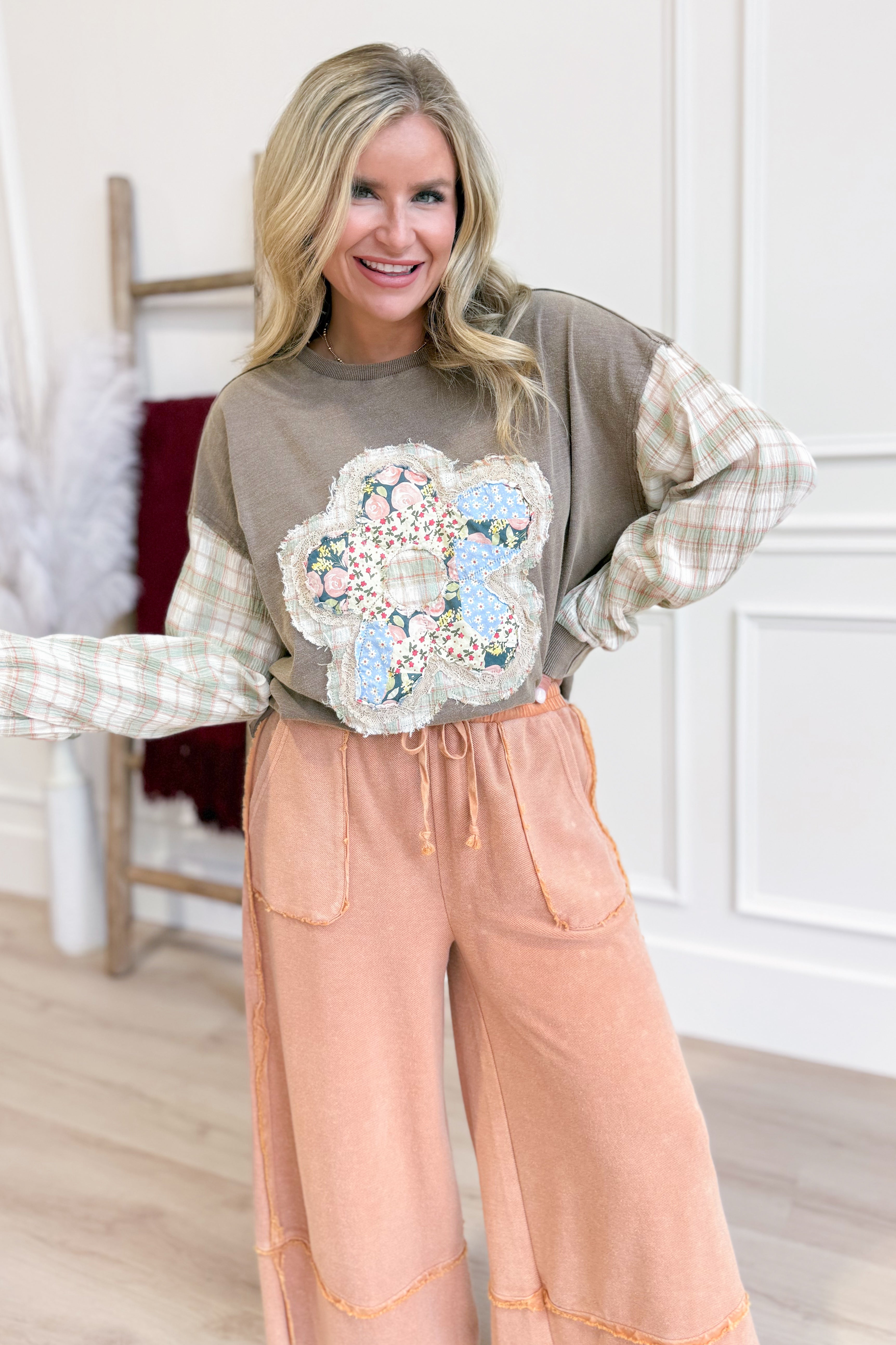 Sonya Plaid Sleeve Flower Patch Top - Be You Boutique