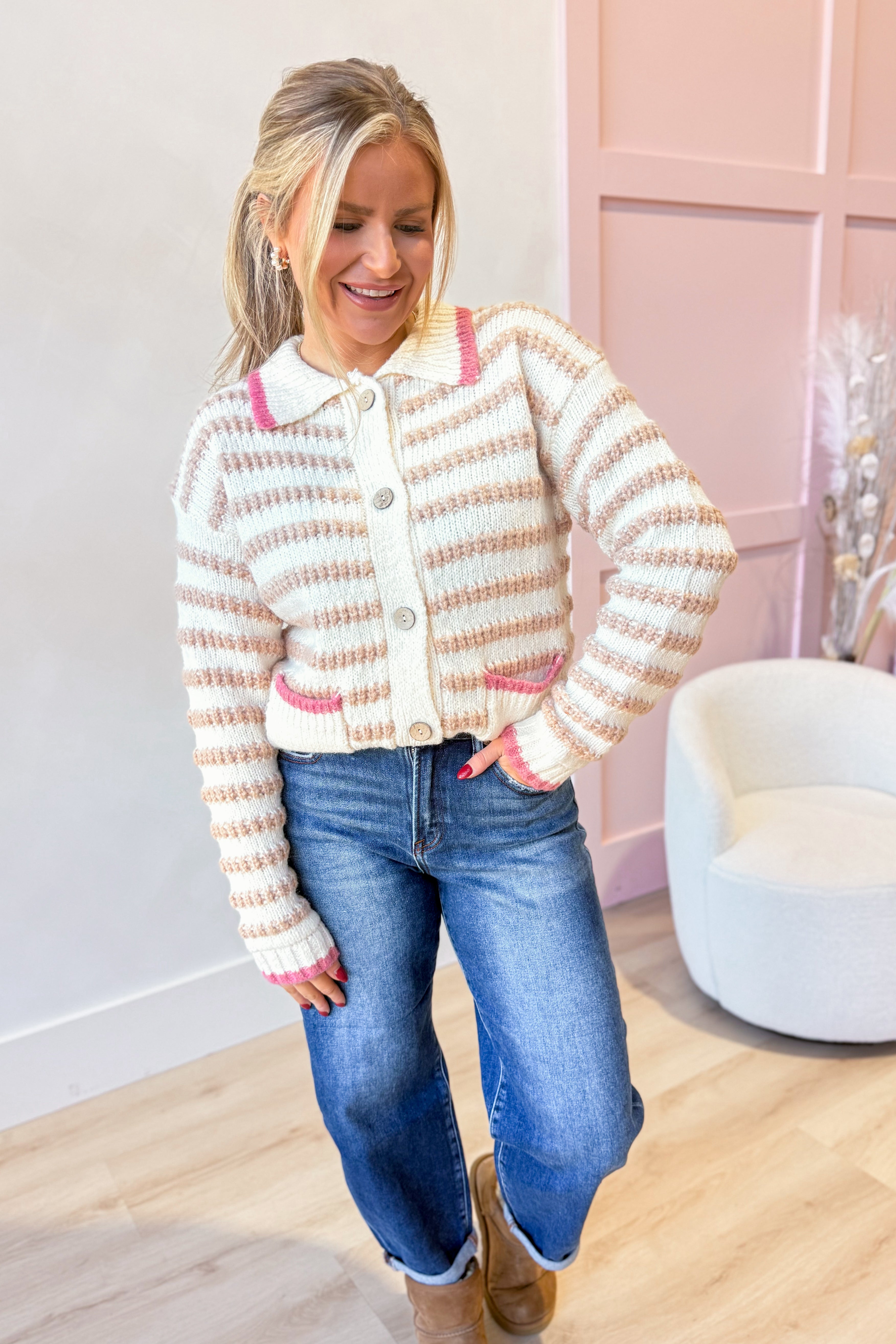 Betsy Striped Collar Button Down Sweater - Be You Boutique