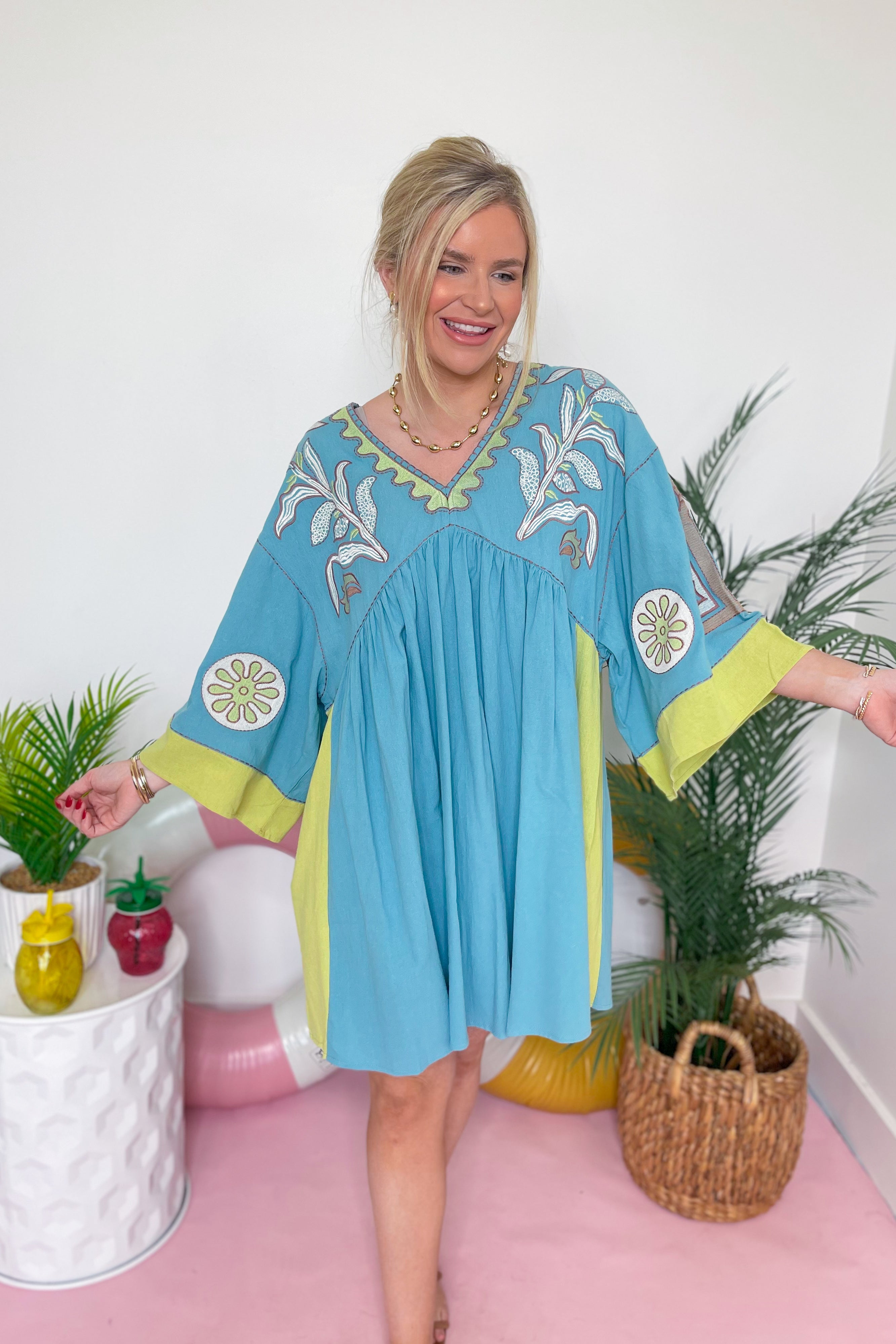 Tucker Embroidered 3/4 Sleeve Dress - Be You Boutique