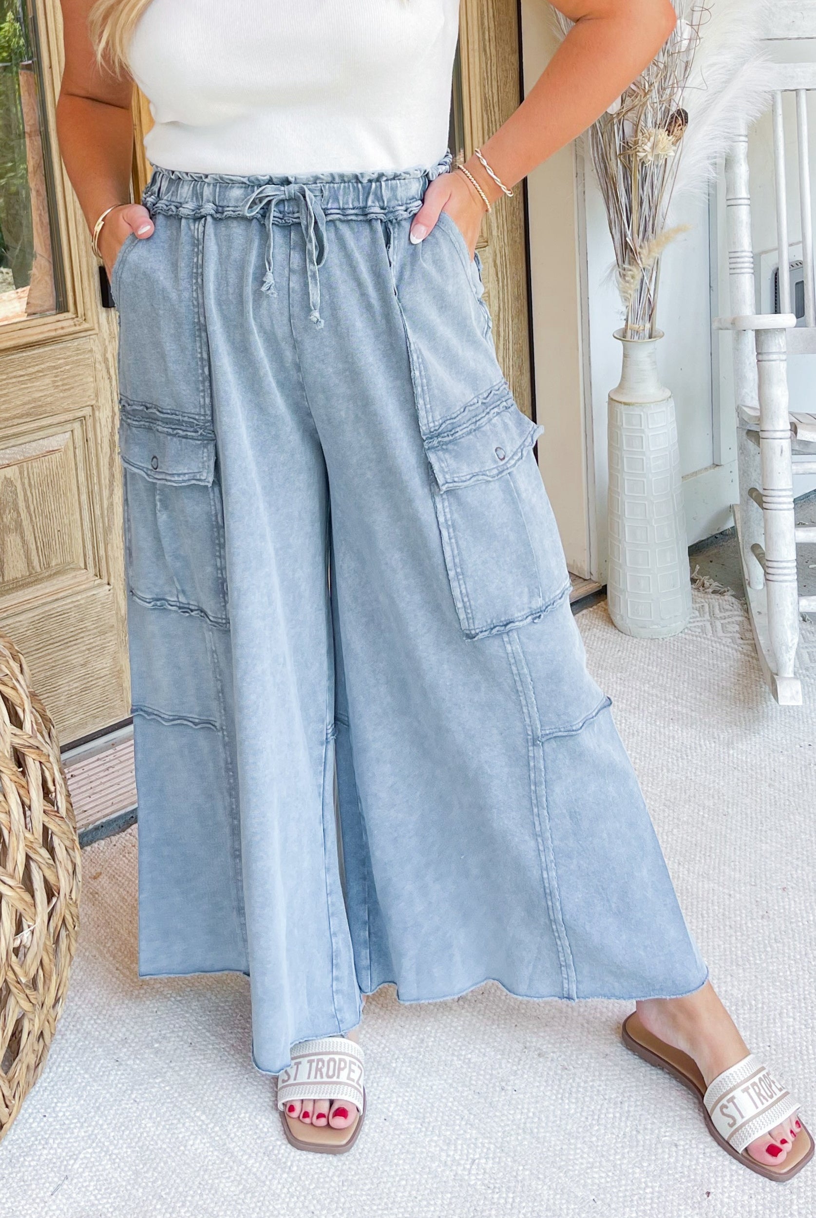 Mateo Mineral Washed Wide Leg Cargo Pants - Be You Boutique