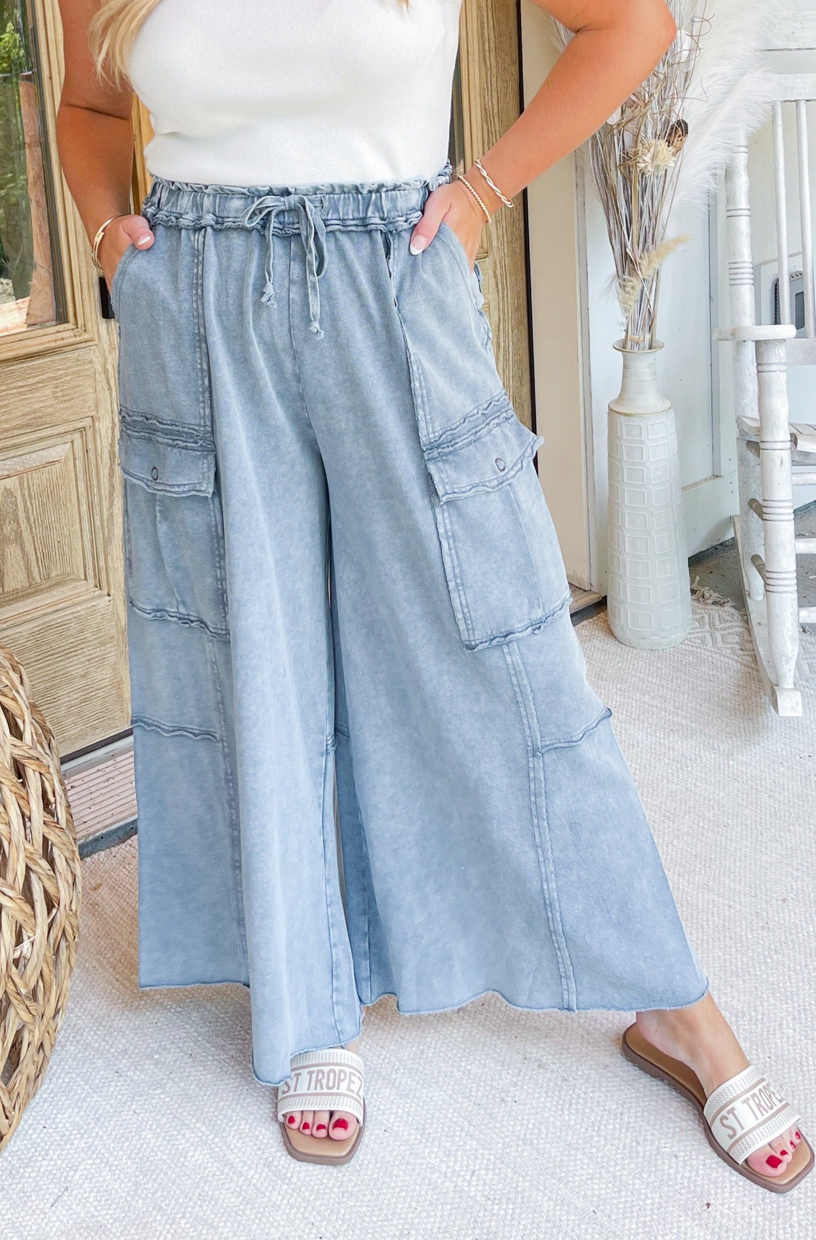 Mateo Mineral Washed Wide Leg Cargo Pants - Be You Boutique