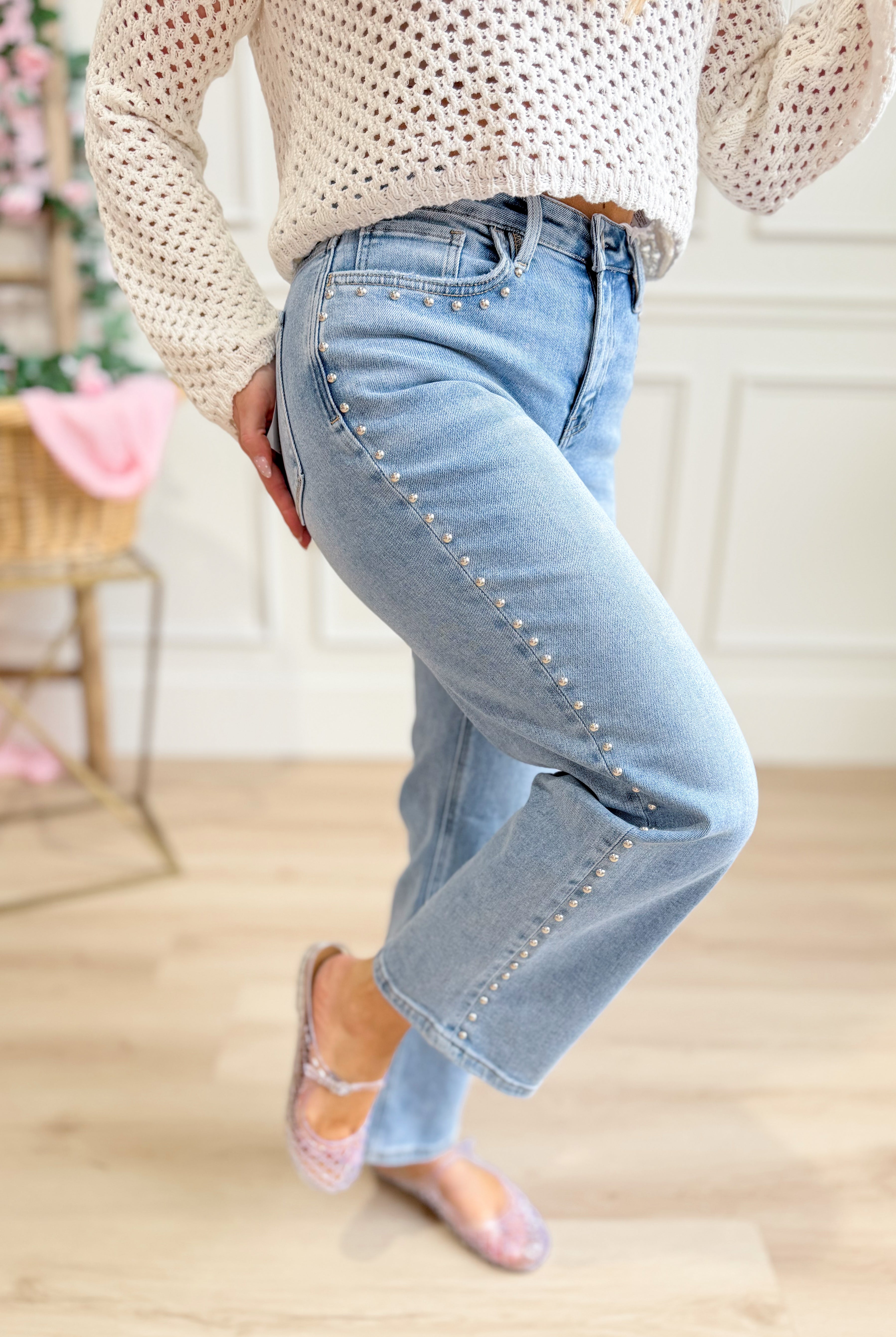 Vervet Honorable high rise ankle slim jeans with nail head detailing, 146 core denim style, shown in a close-up shot.