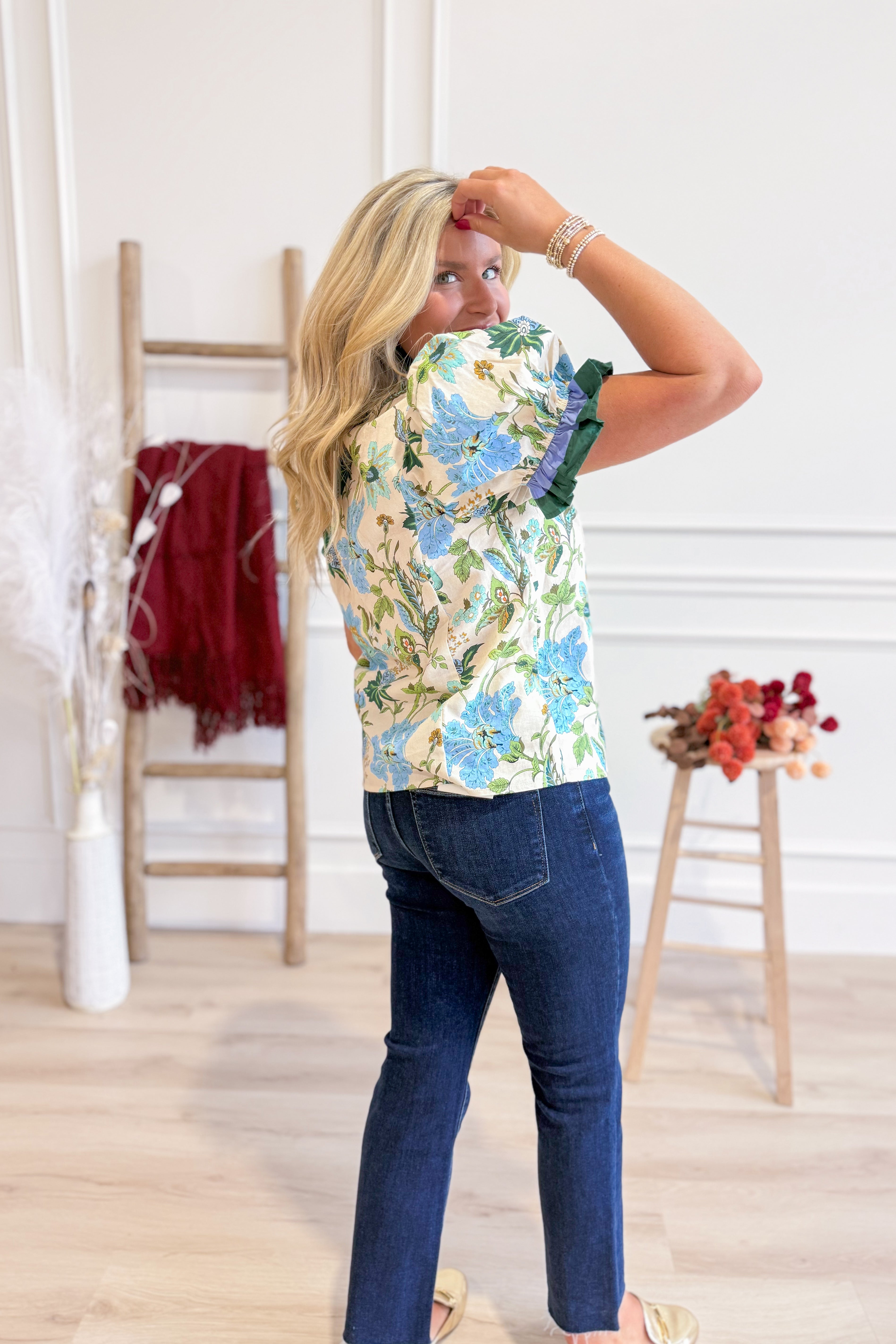 Gwen Multi Floral Ruffle Trim Top - Be You Boutique