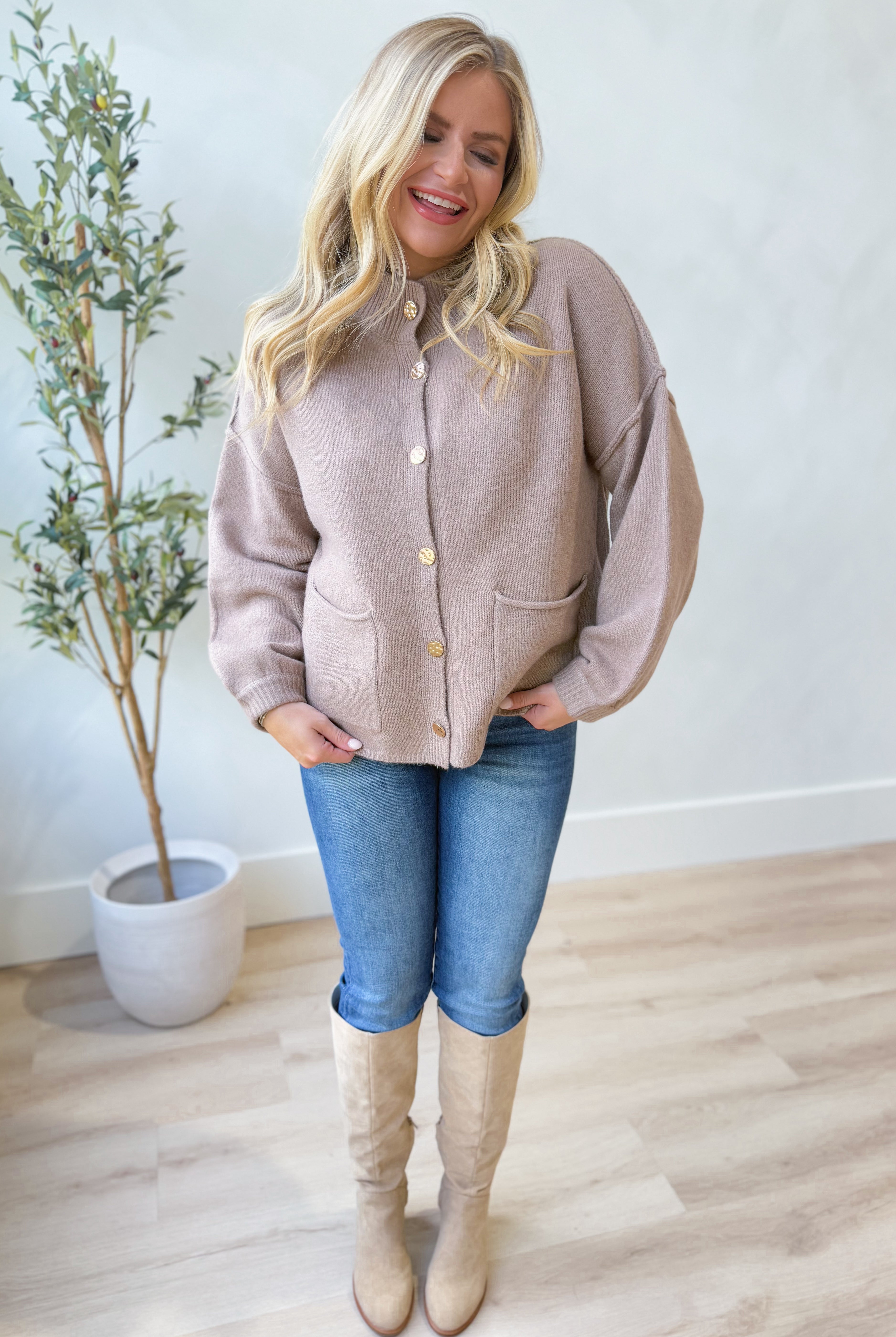 Kris Long Sleeve Gold Hammered Button Cardigan - Be You Boutique