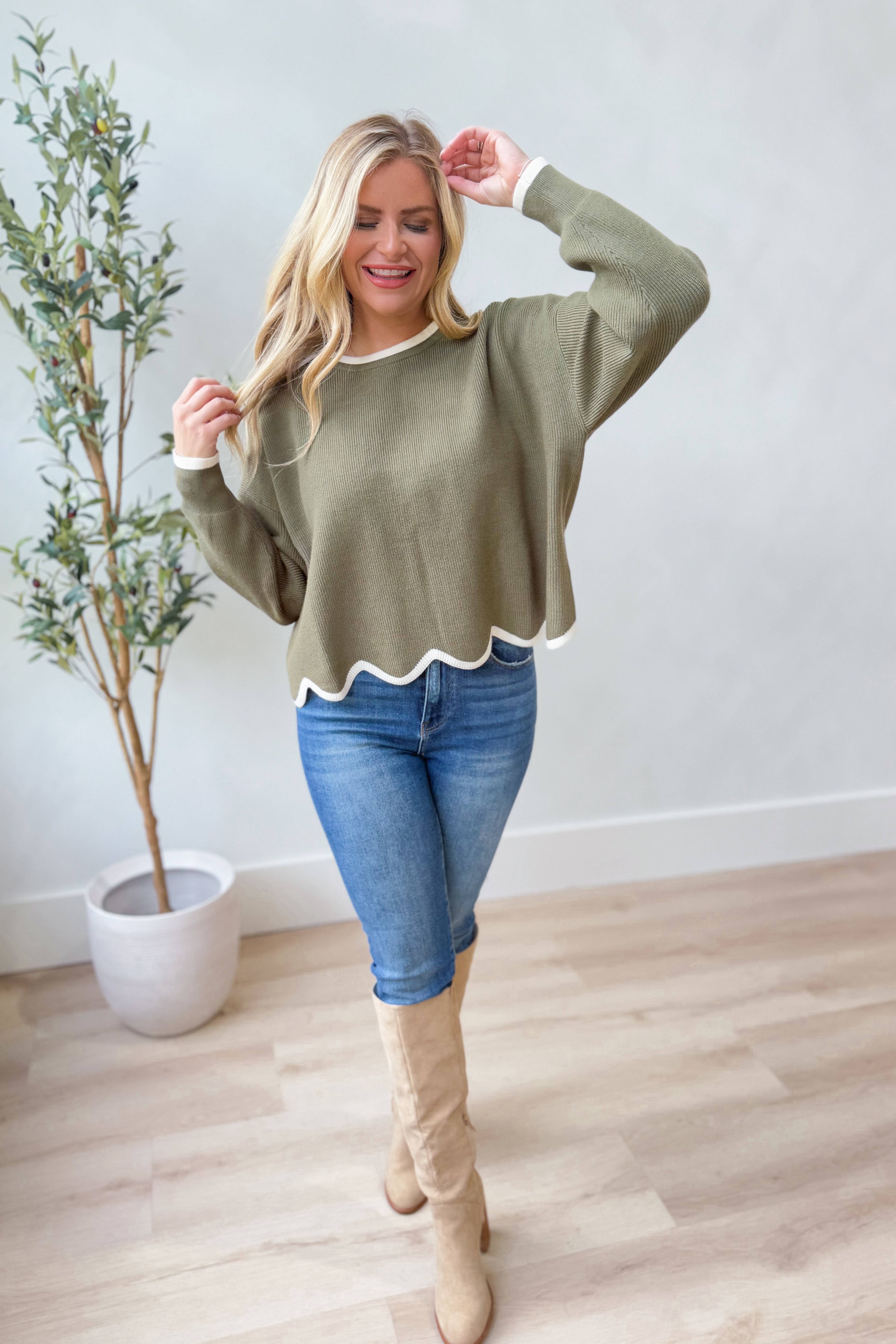 Gracie Long Sleeve Scallop Hem Sweater - Be You Boutique