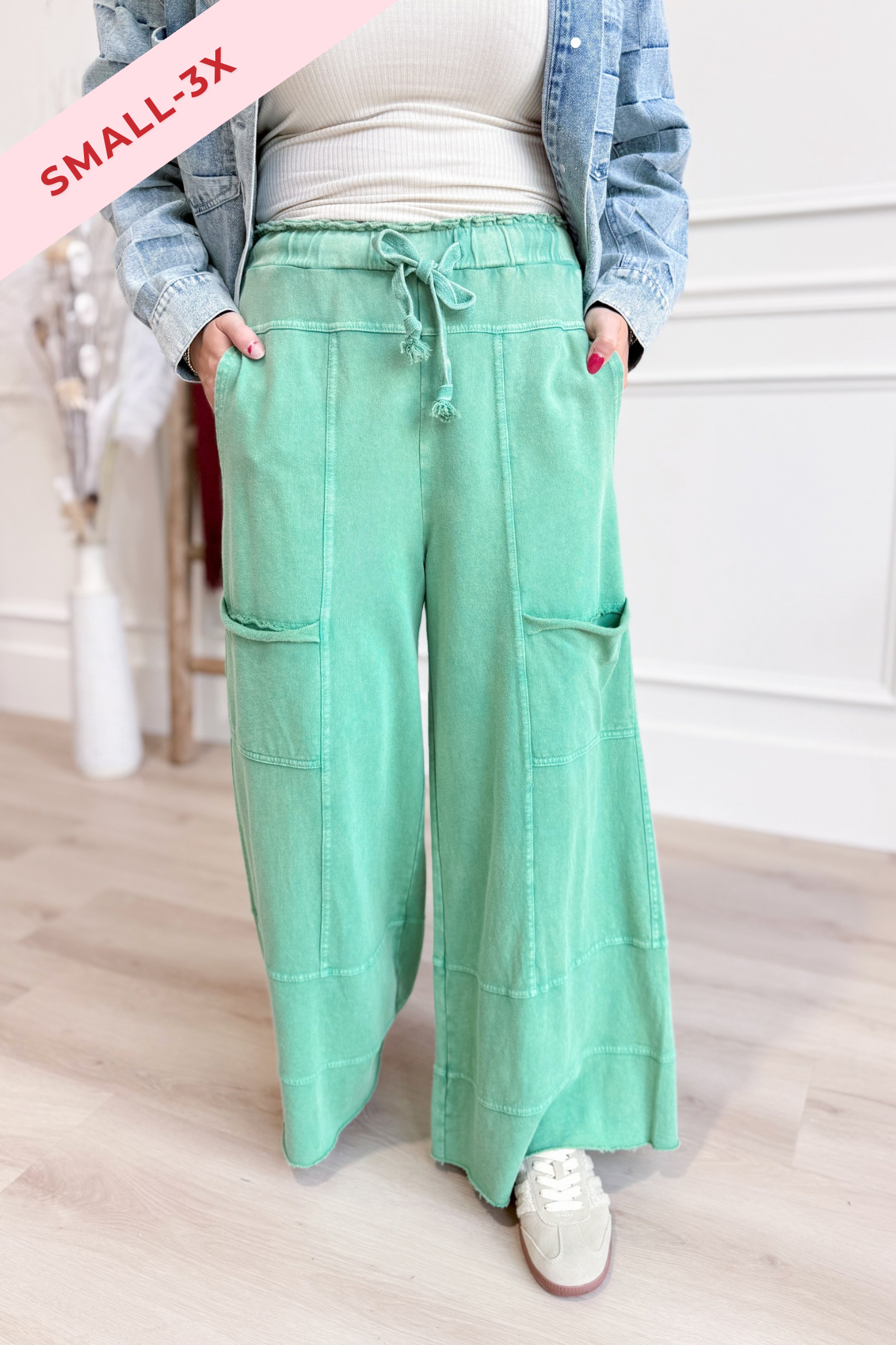 EASEL Bradley Mineral Washed Terry Knit Wide Leg Pants in neutral tones, showing relaxed fit and wide leg design.
