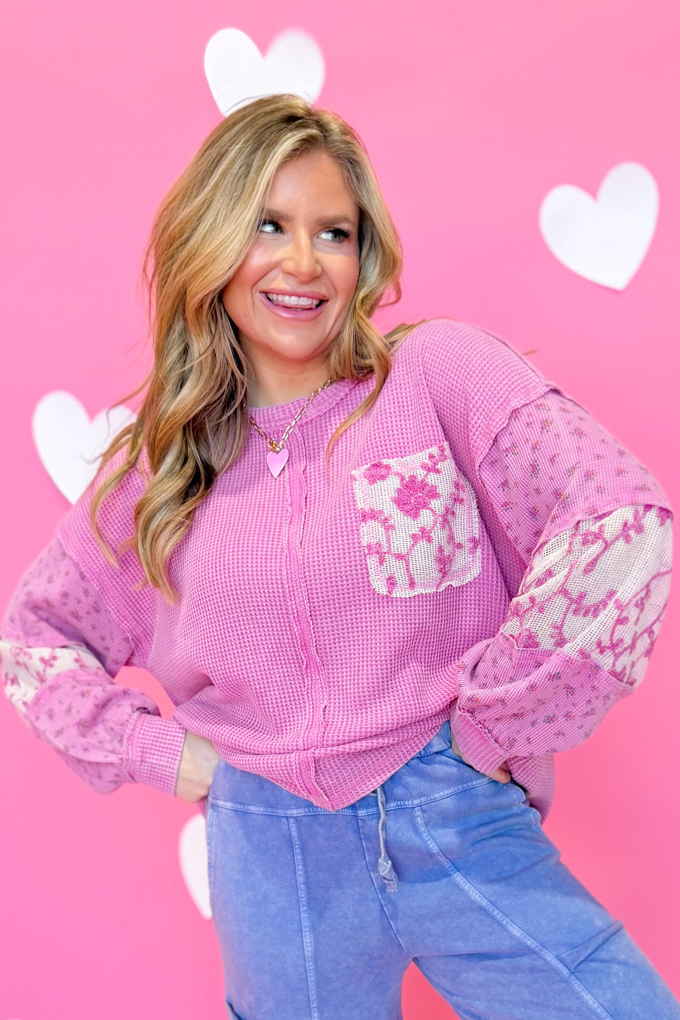 EASEL Candy mixed pattern long sleeve casual top with vibrant, colorful print, designed for a relaxed, stylish look.