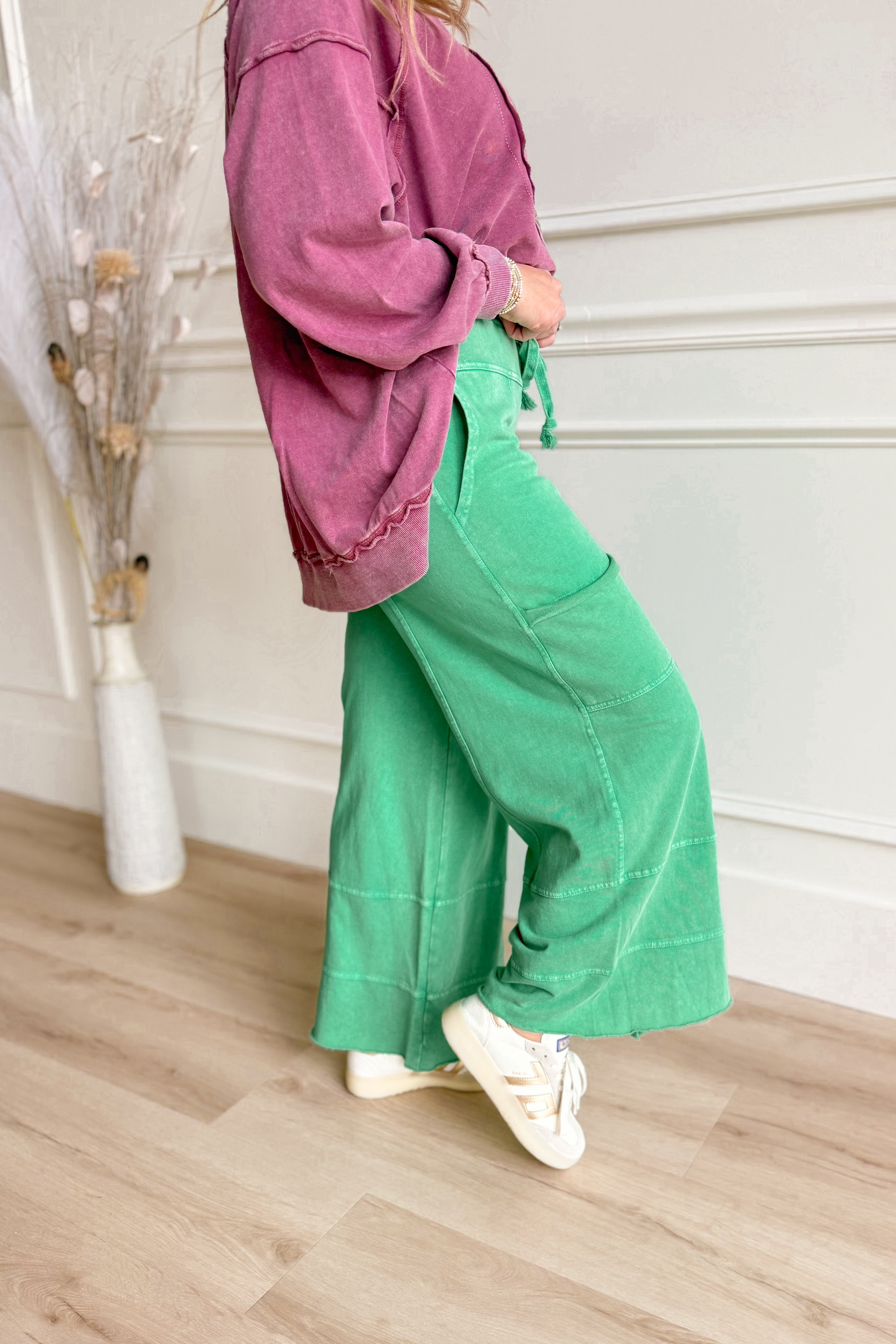 EASEL Bradley Mineral Washed Terry Knit Wide Leg Pants in neutral color, relaxed fit, and wide-leg style, size S to 3X.