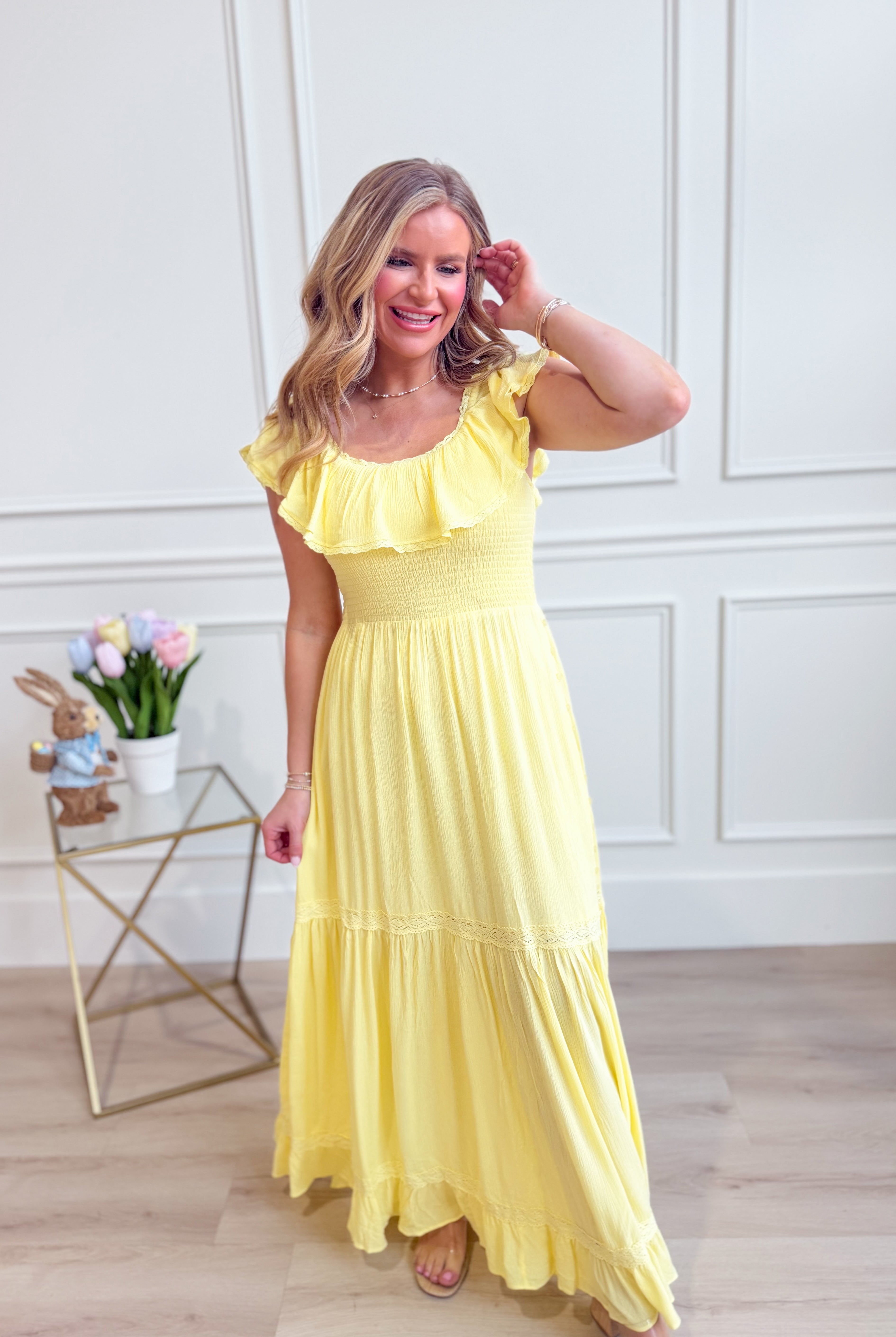 IN LOOM Randy Ruffled Flounce Collar Maxi Dress featuring a flowing fabric and ruffled collar, perfect for dressy occasions.