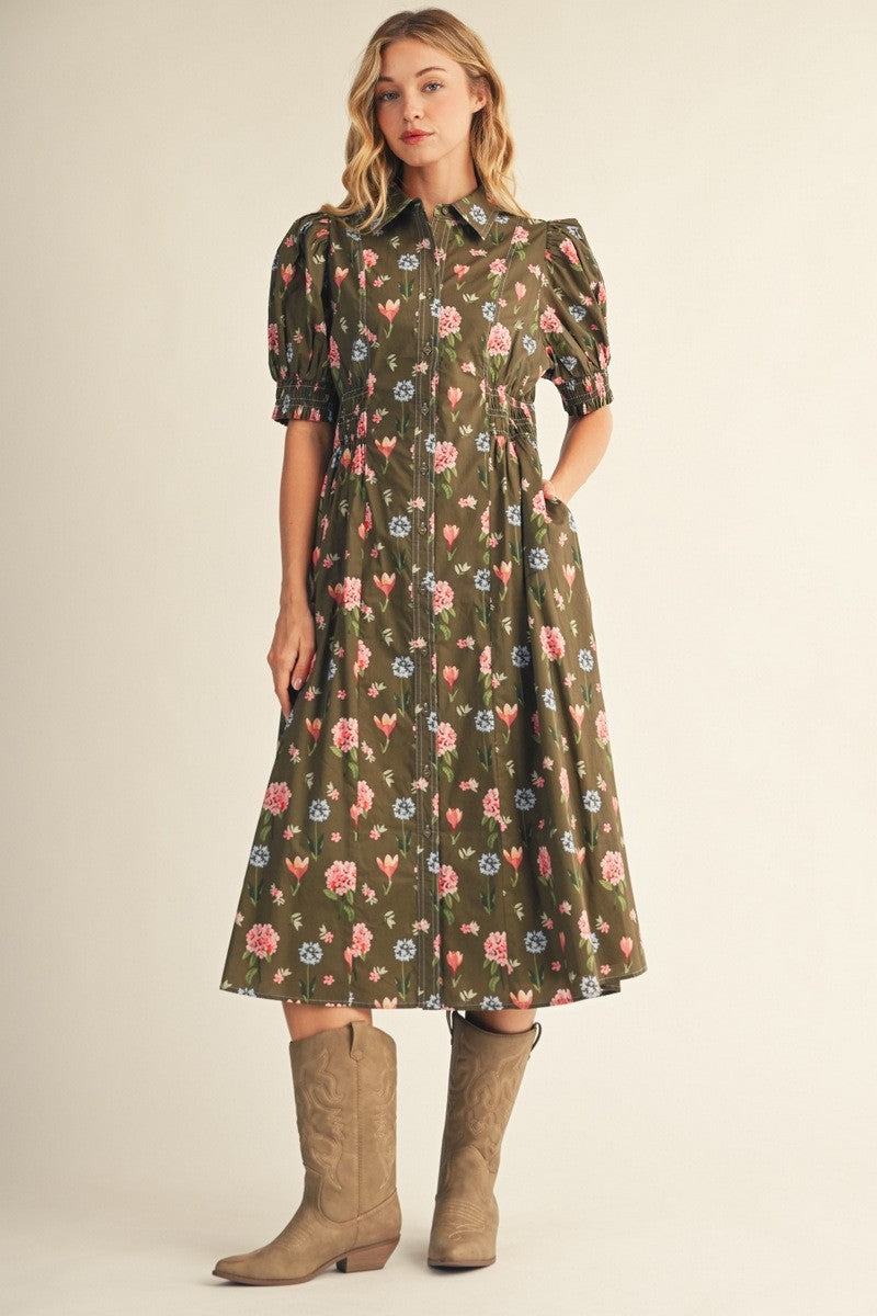 JODIFL Riya floral printed smocked detail casual dress with vibrant floral pattern and relaxed fit, perfect for everyday wear.