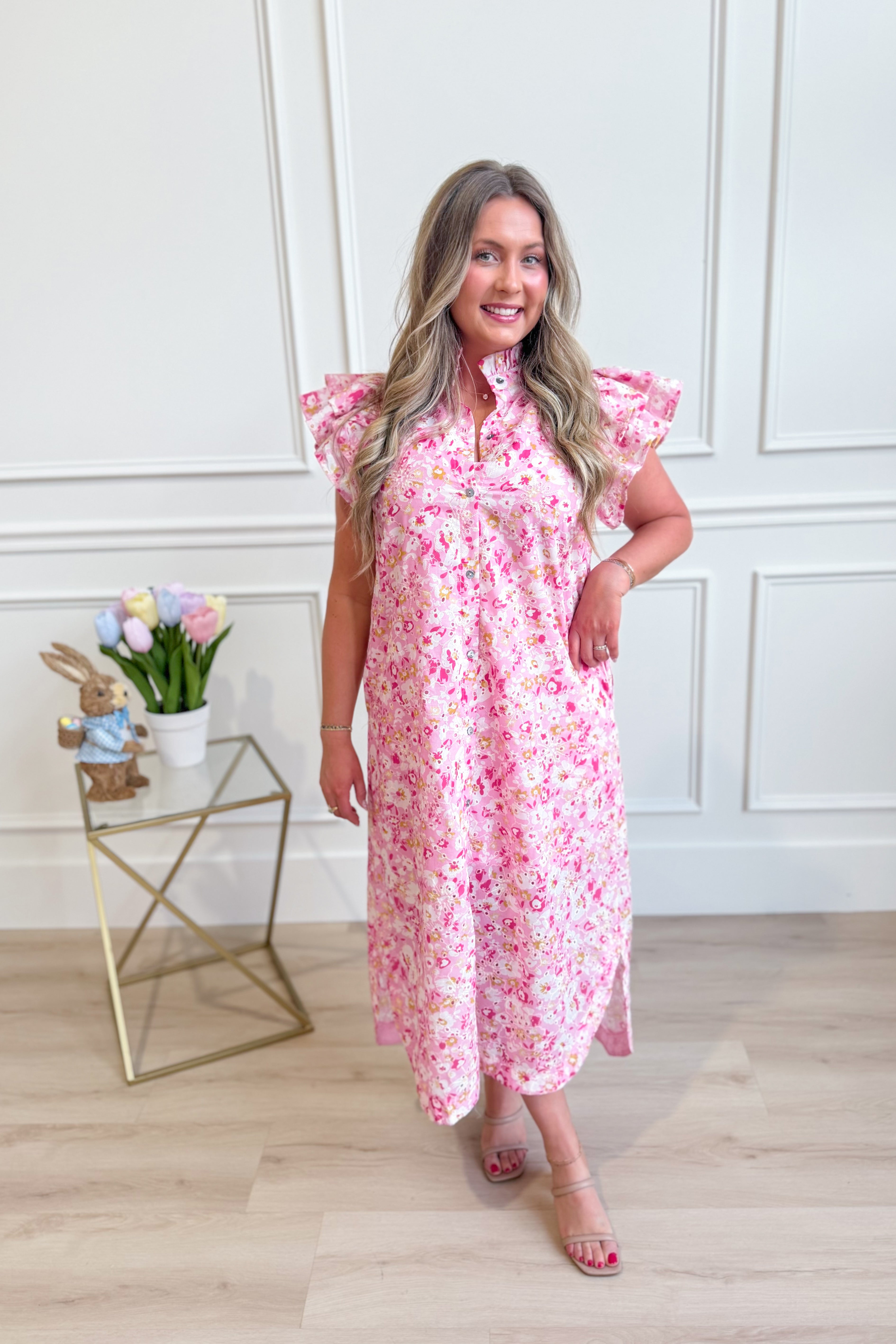 ENTRO Aubrey pink floral flutter sleeve dress with a flowing silhouette, perfect for dressy occasions.