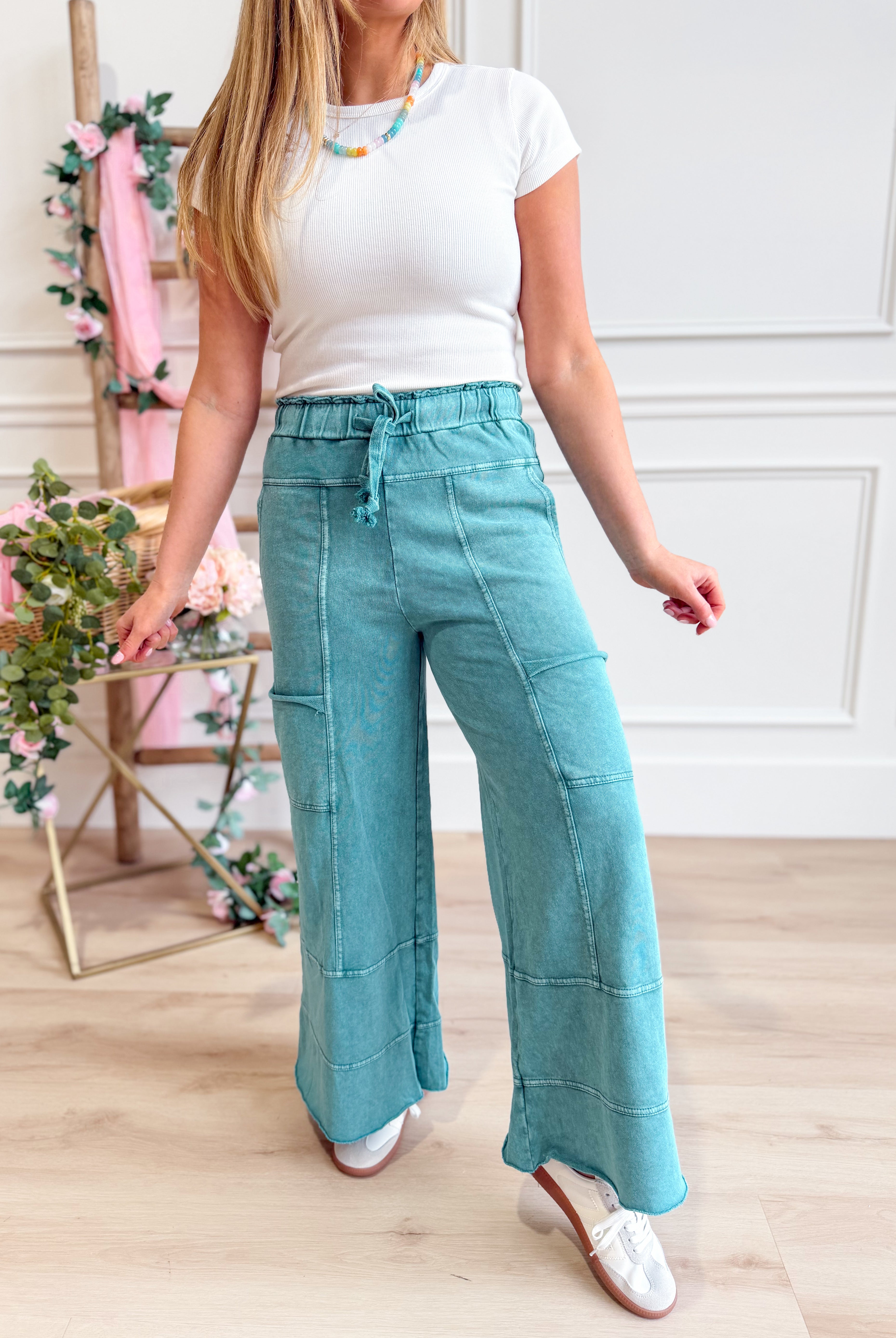 EASEL Bradley Mineral Washed Terry Knit Wide Leg Pants in beige with relaxed fit and wide leg silhouette.