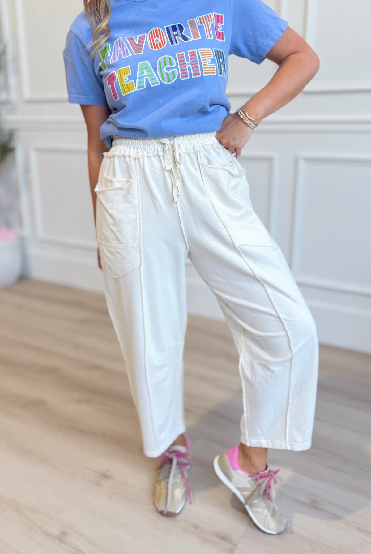 EASEL Vinny Ecru Mineral Washed Terry Knit Pant, 156 Pants, featuring relaxed fit and soft terry fabric in ecru color.