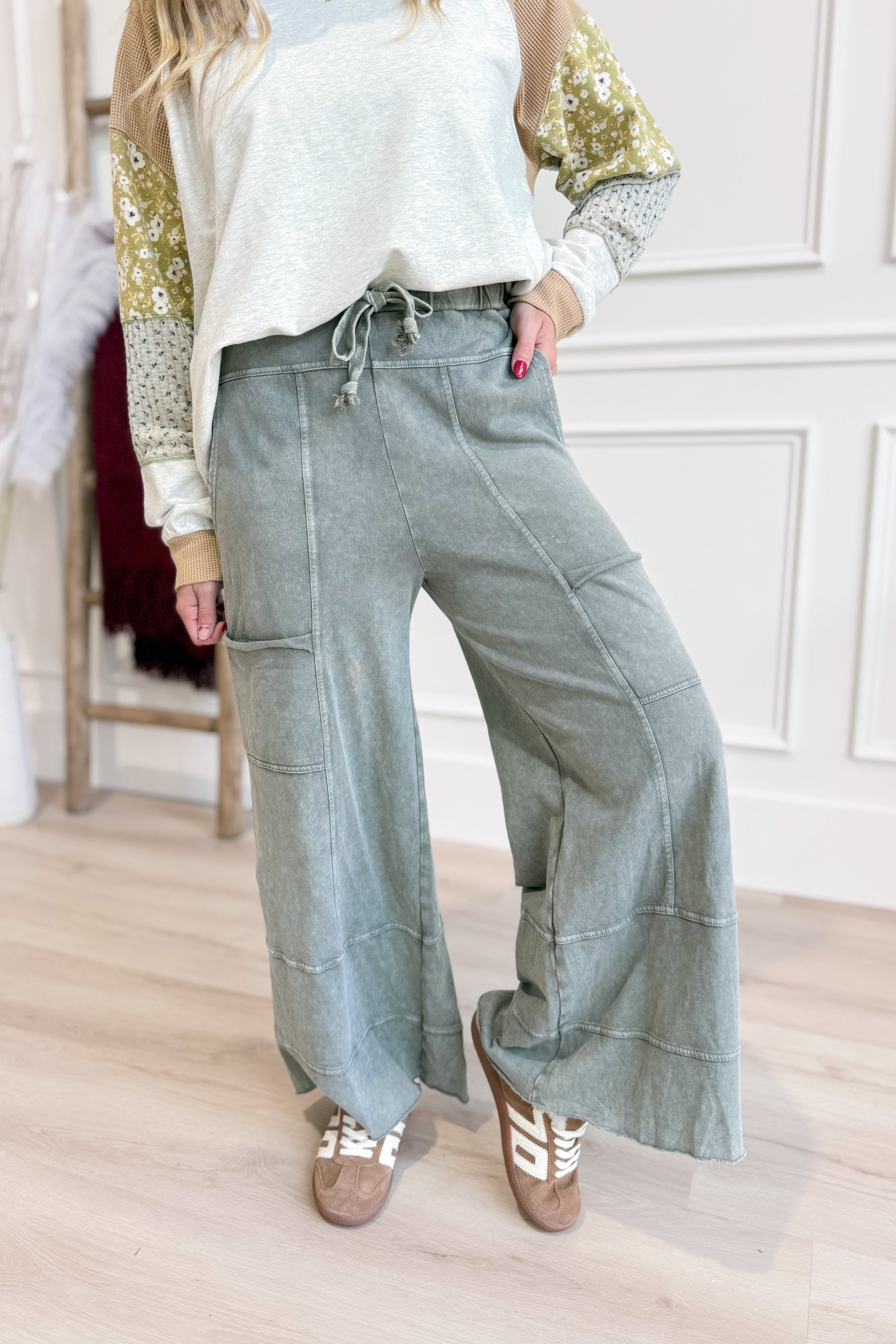 EASEL Bradley mineral washed terry knit wide-leg pants in neutral color, featuring a relaxed fit and wide leg silhouette.