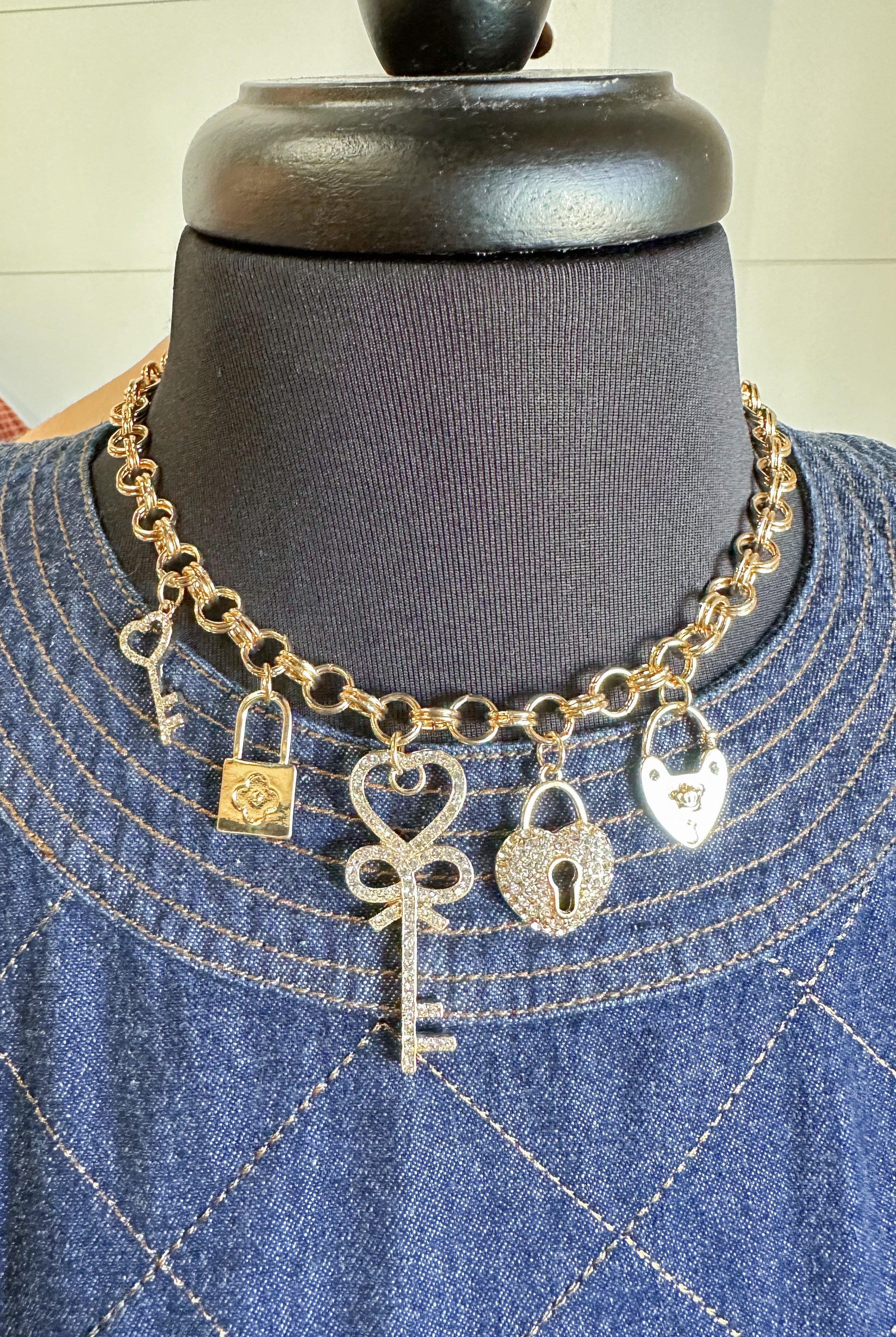 Charm Necklace ~ Gold Chain Crystal Heart and Keylock Necklace - Be You Boutique