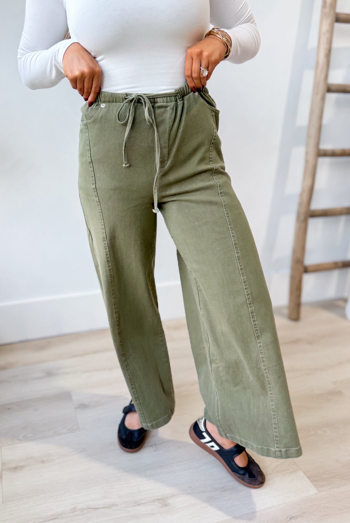 EE:SOME Romeo dry herb mineral washed tie waist leg pants, 156 pants style, featuring relaxed fit and tie waist detail.