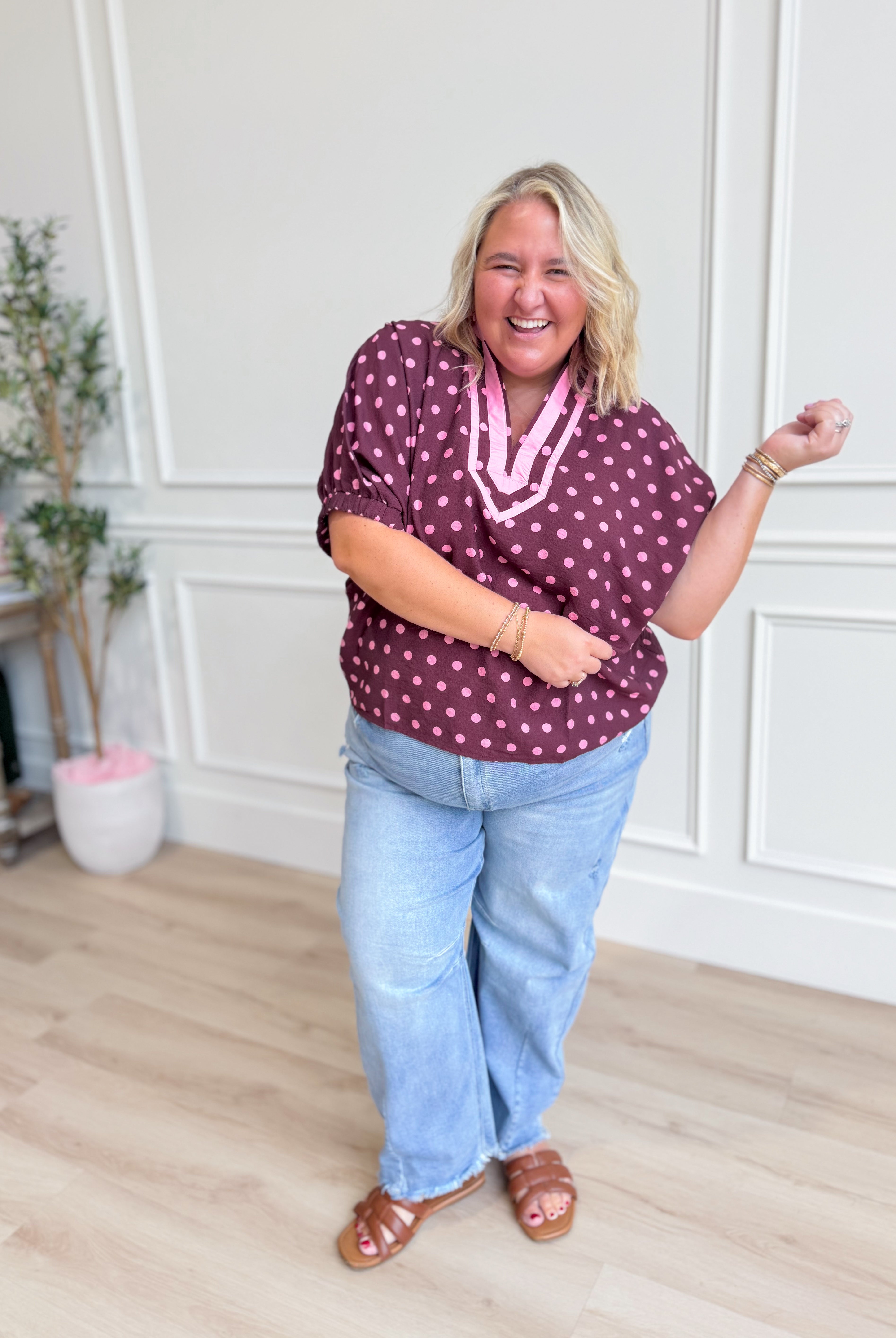 ENTRO Emmie Polka Dot Split Neck Top, a stylish dressy women’s blouse with polka dot pattern and split neckline detail.