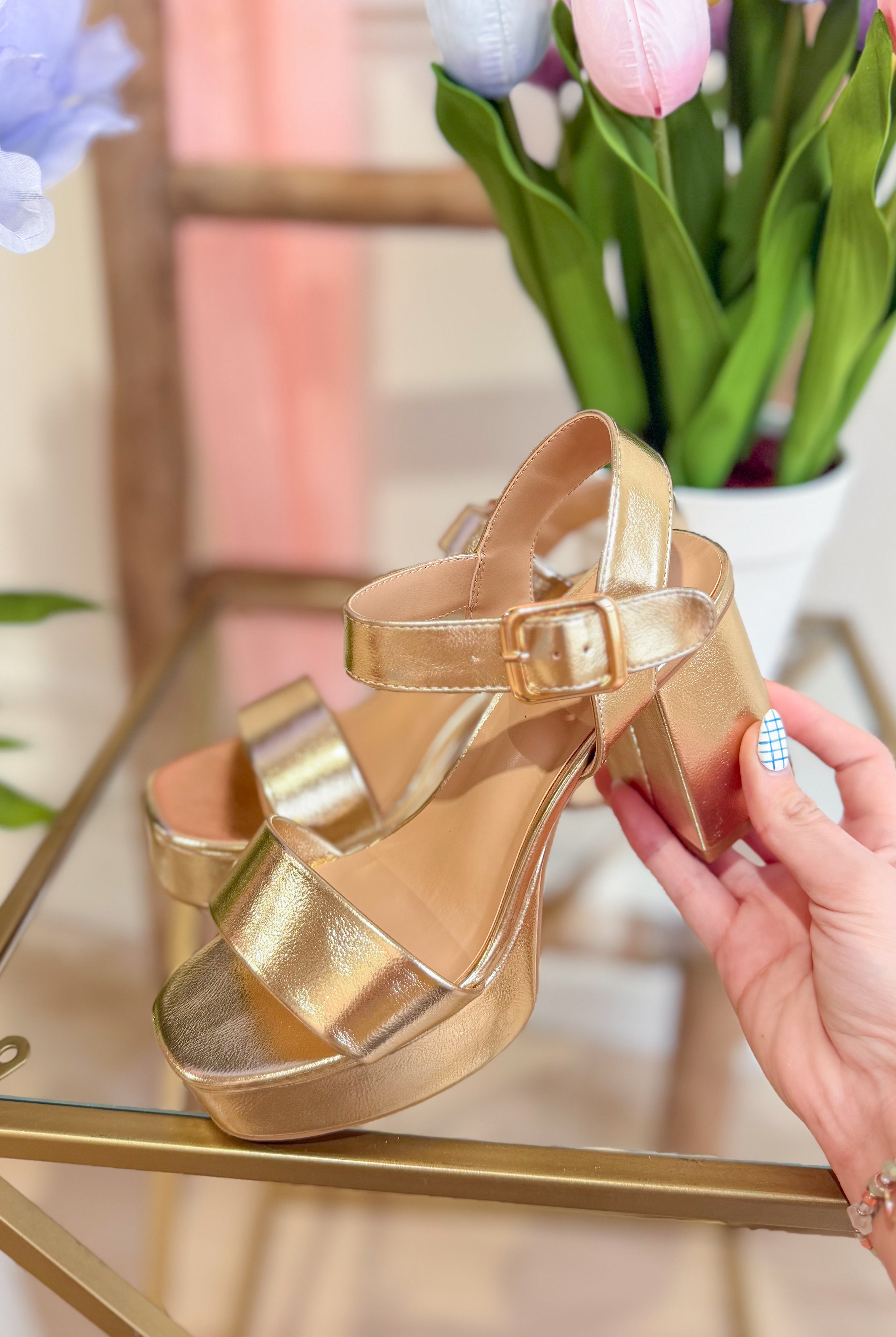 Foster DYNAMIC Macey Gold Matte Block Heel shoe with a stylish square toe and sturdy block heel, perfect for elegant outfits.