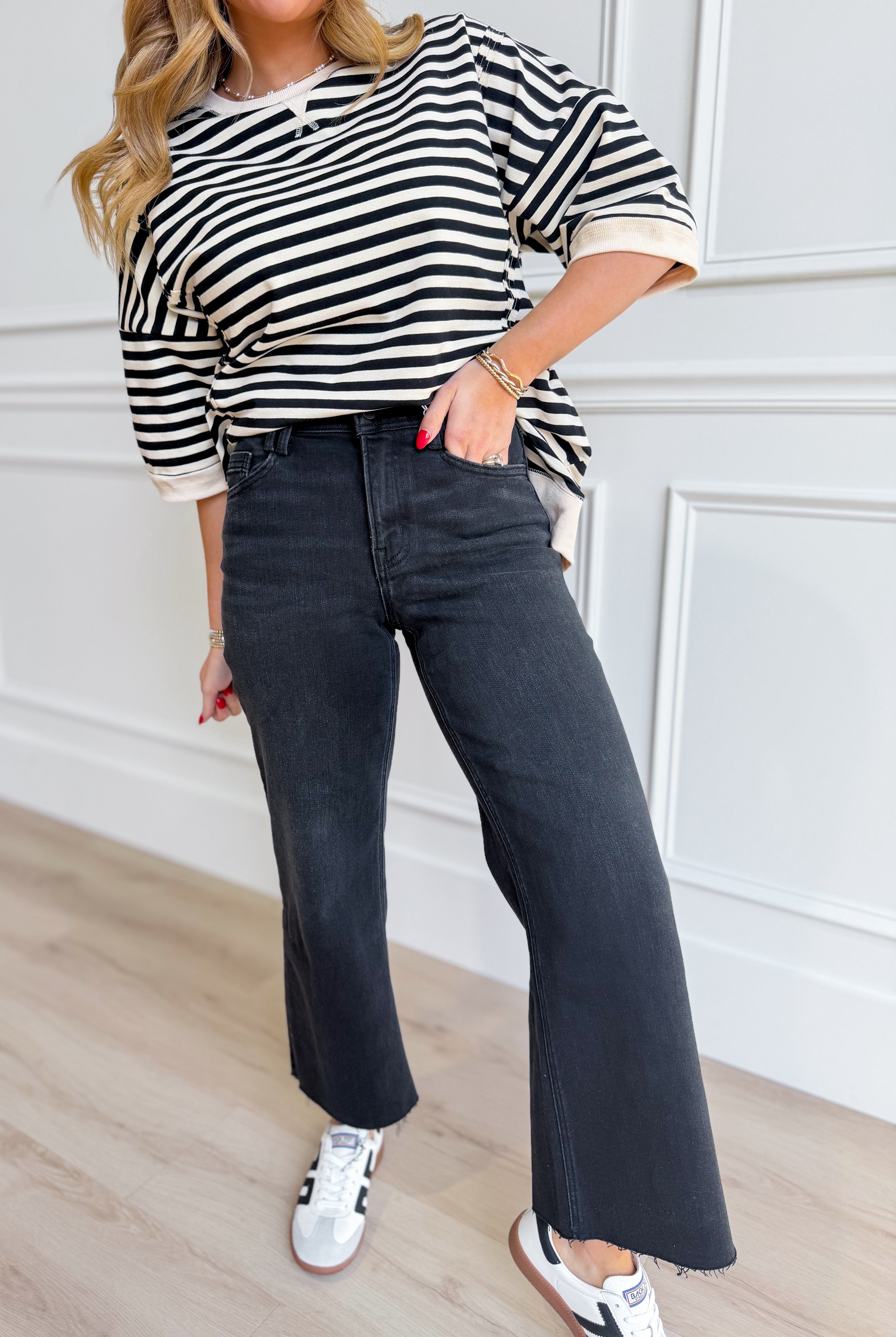 Vervet Xavier high rise wide leg core jeans in denim, showcasing the relaxed fit and classic wide leg style.
