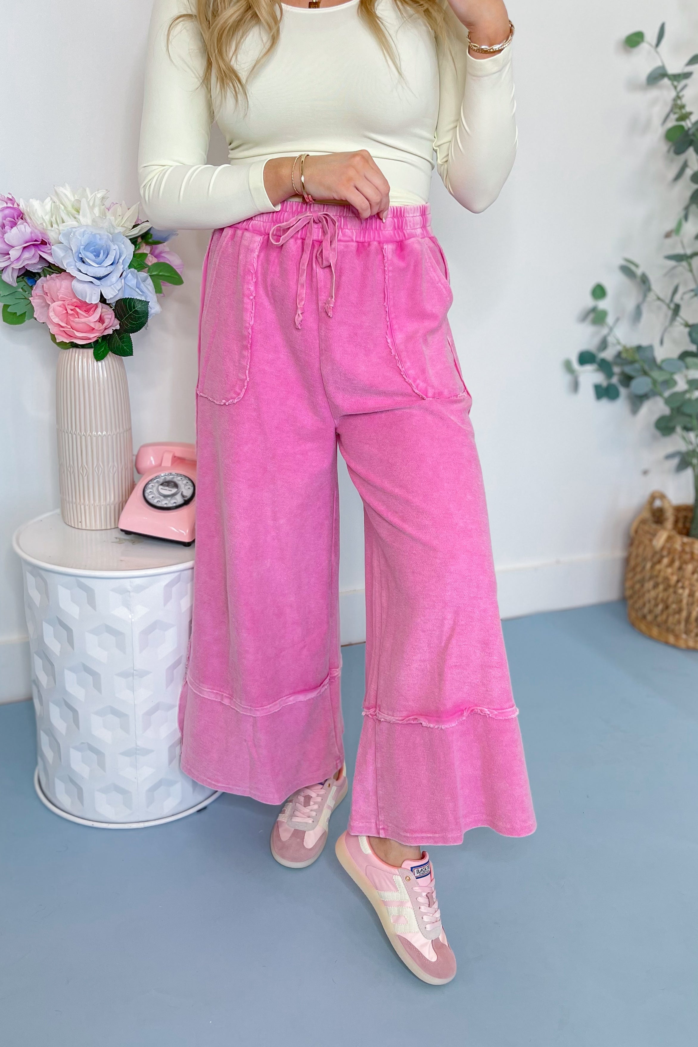 Caris Mineral Washed Upside Down Terry Knit Wide Leg Palazzo Pants - Be You Boutique