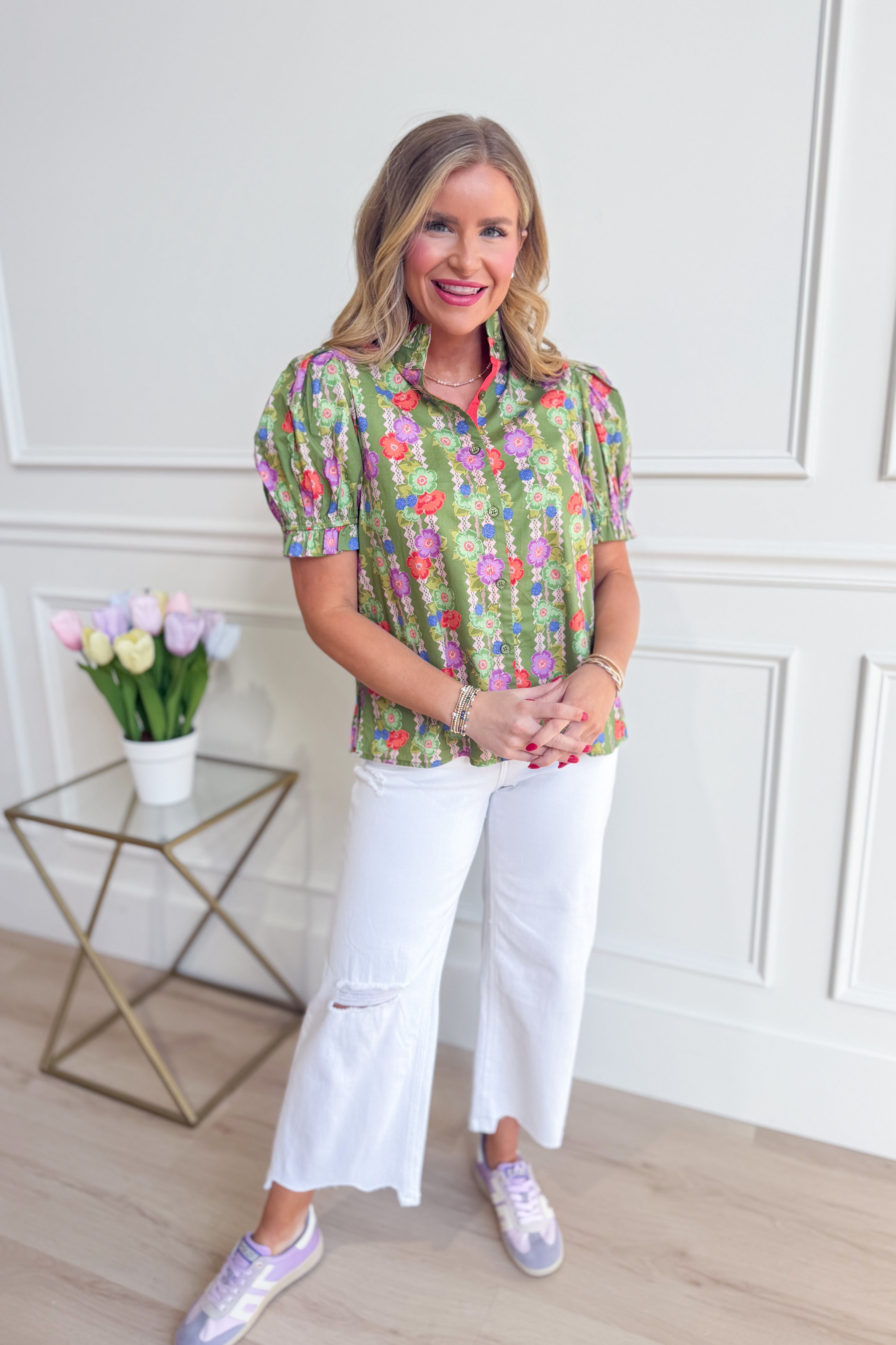 JODIFL Gretta Contrasted Accent Button Down Top, stylish dressy blouse with contrasting accents, shown on a model.