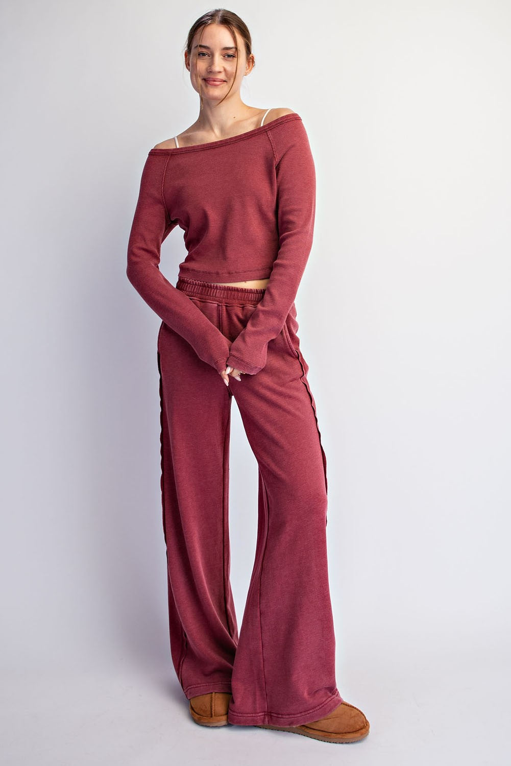 Rae Mode Daphine Crimson French Terry Pant Set featuring stylish red pants and matching top, casual and comfortable ensemble.