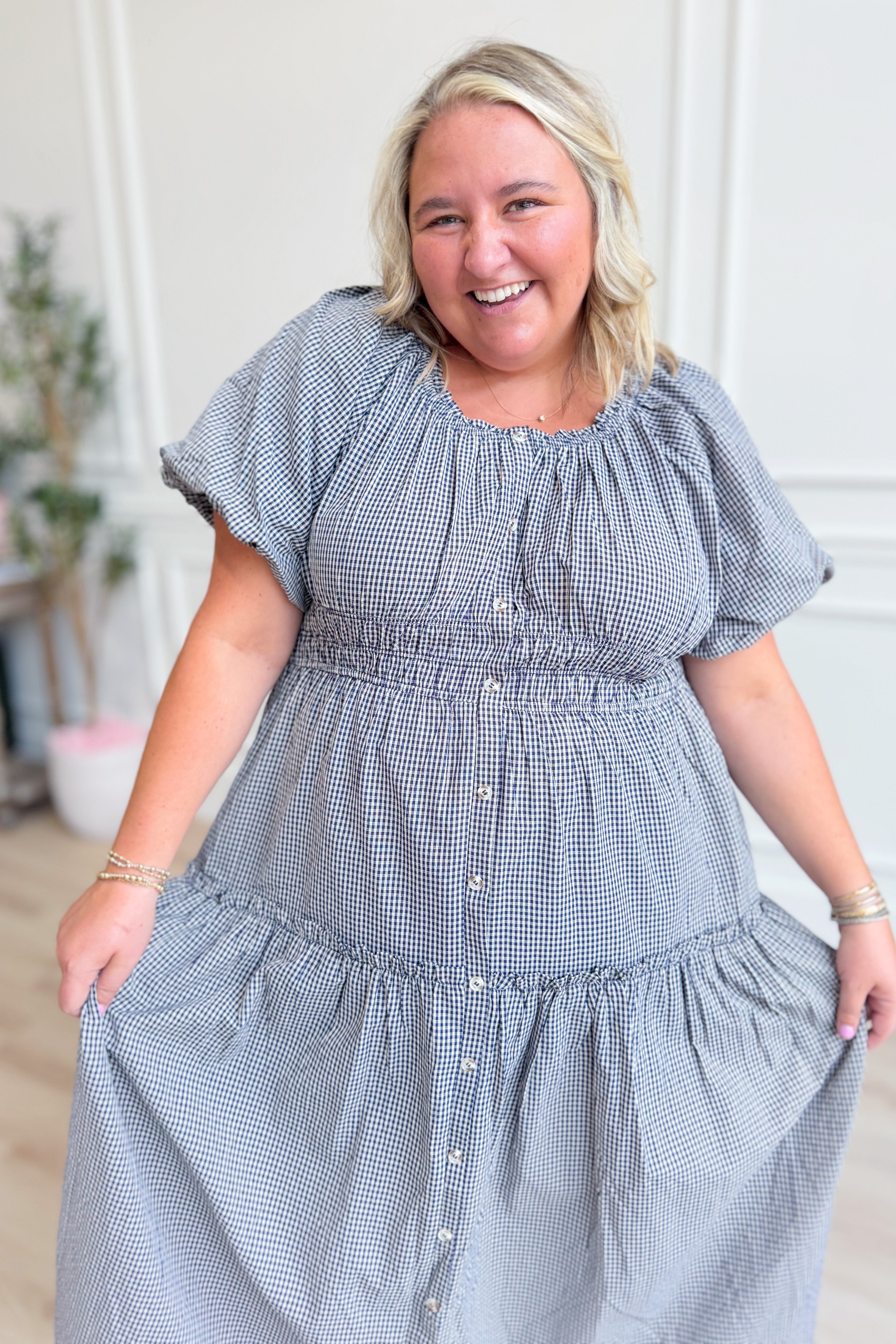 Baevely Tyler gingham printed smocked waist dress, 125 dressy dress with a fitted bodice and classic gingham pattern.