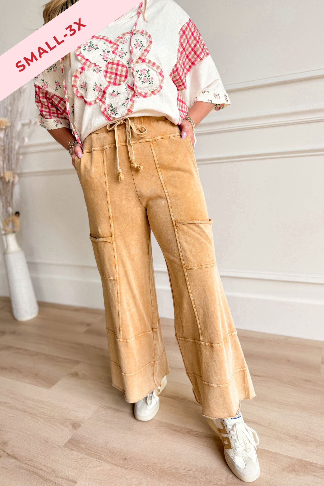 EASEL Bradley mineral washed terry knit wide-leg pants in neutral tone, featuring a relaxed fit and elastic waistband.
