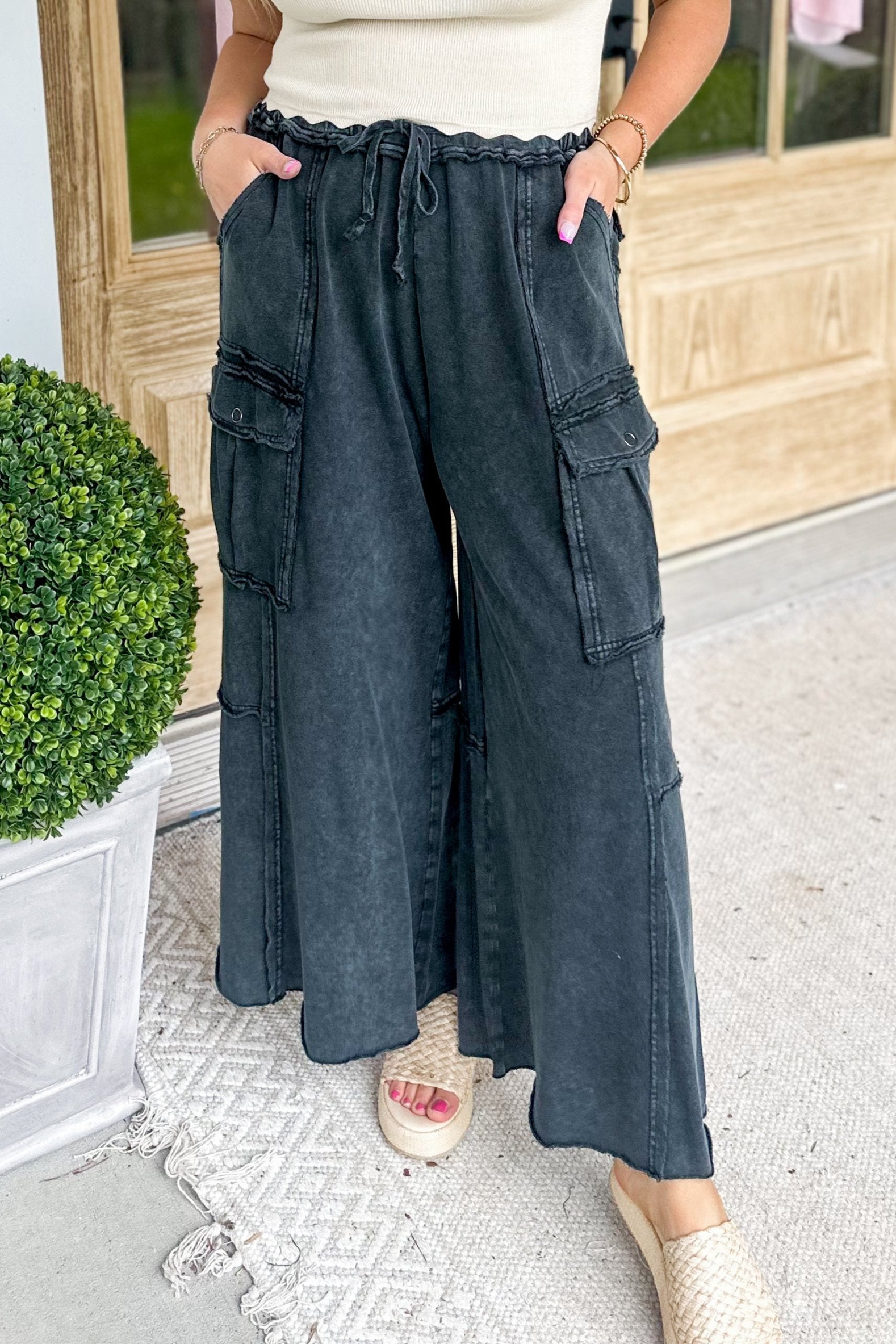 Mateo Mineral Washed Wide Leg Cargo Pants - Be You Boutique