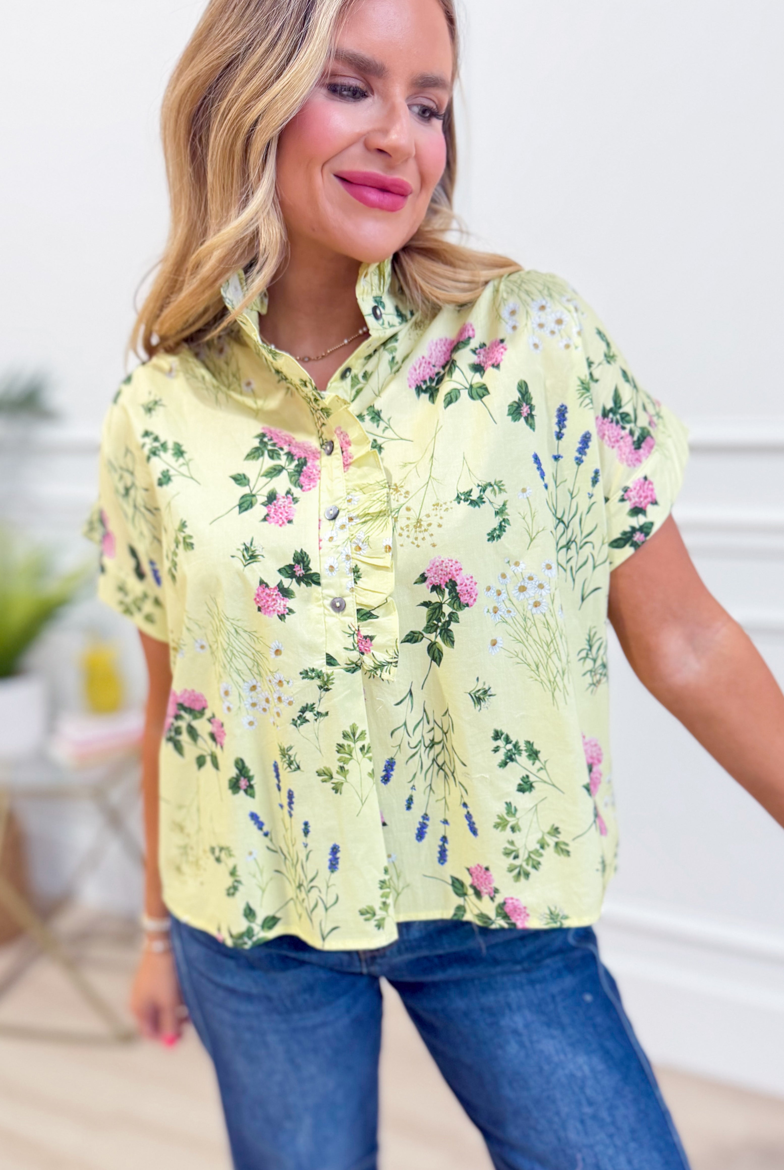 Beth Floral Ruffle Trim Top by ENTRO, featuring a stylish floral design and ruffle details, perfect for dressy occasions.