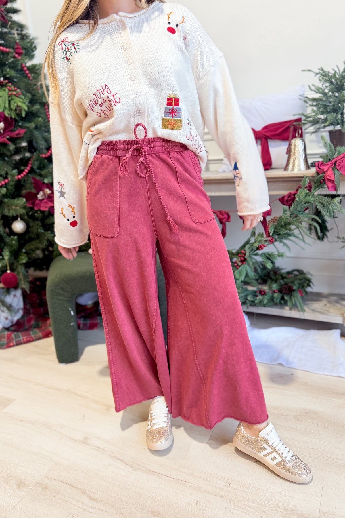 EASEL Rachel Boho red washed terry knit wide-leg pant bottom, relaxed fit with casual boho style and wide-leg silhouette.