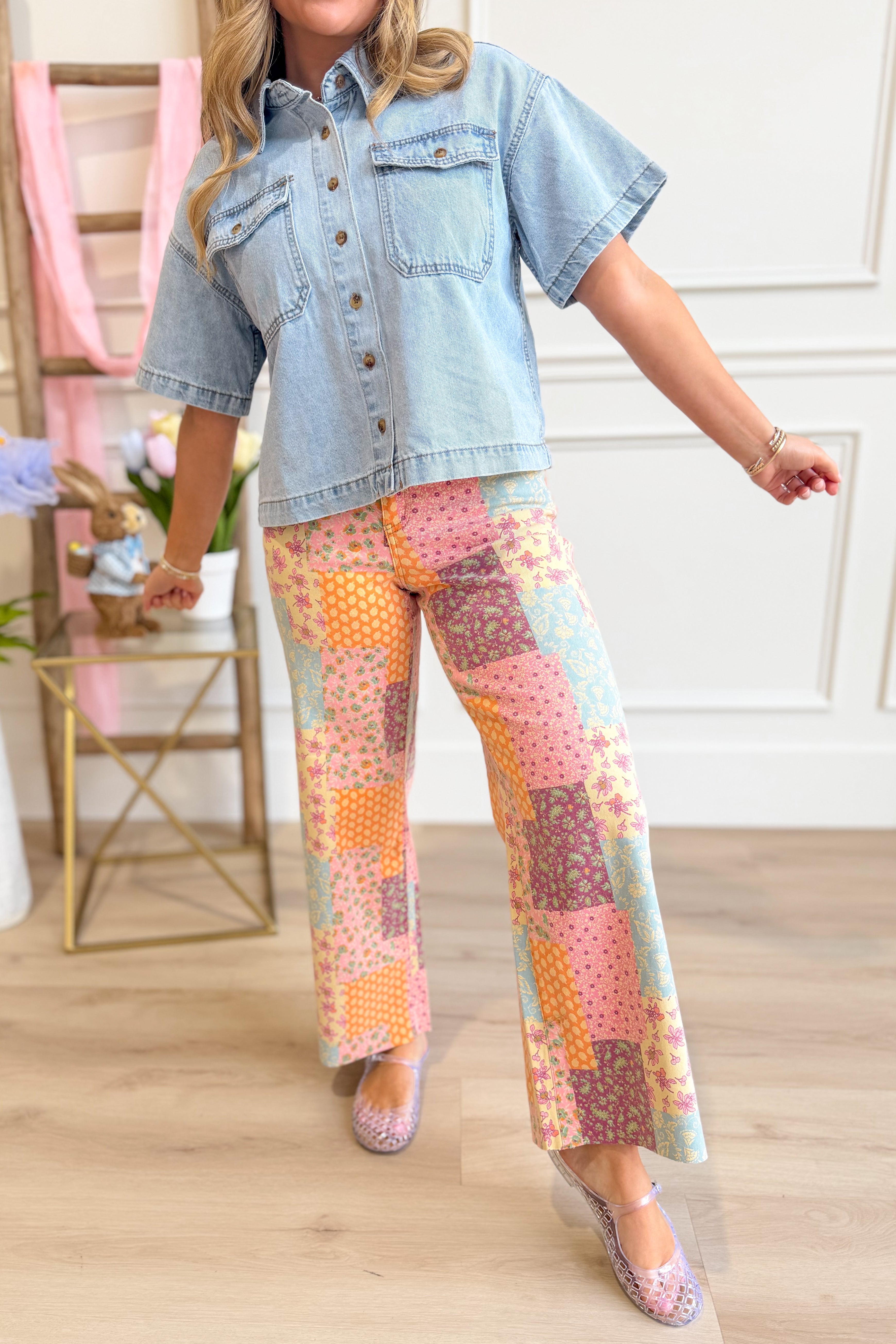 EASEL Cori Multi Pattern Wide Leg Jeans with bold, colorful novelty design, high-waisted fit, and relaxed wide-leg silhouette.
