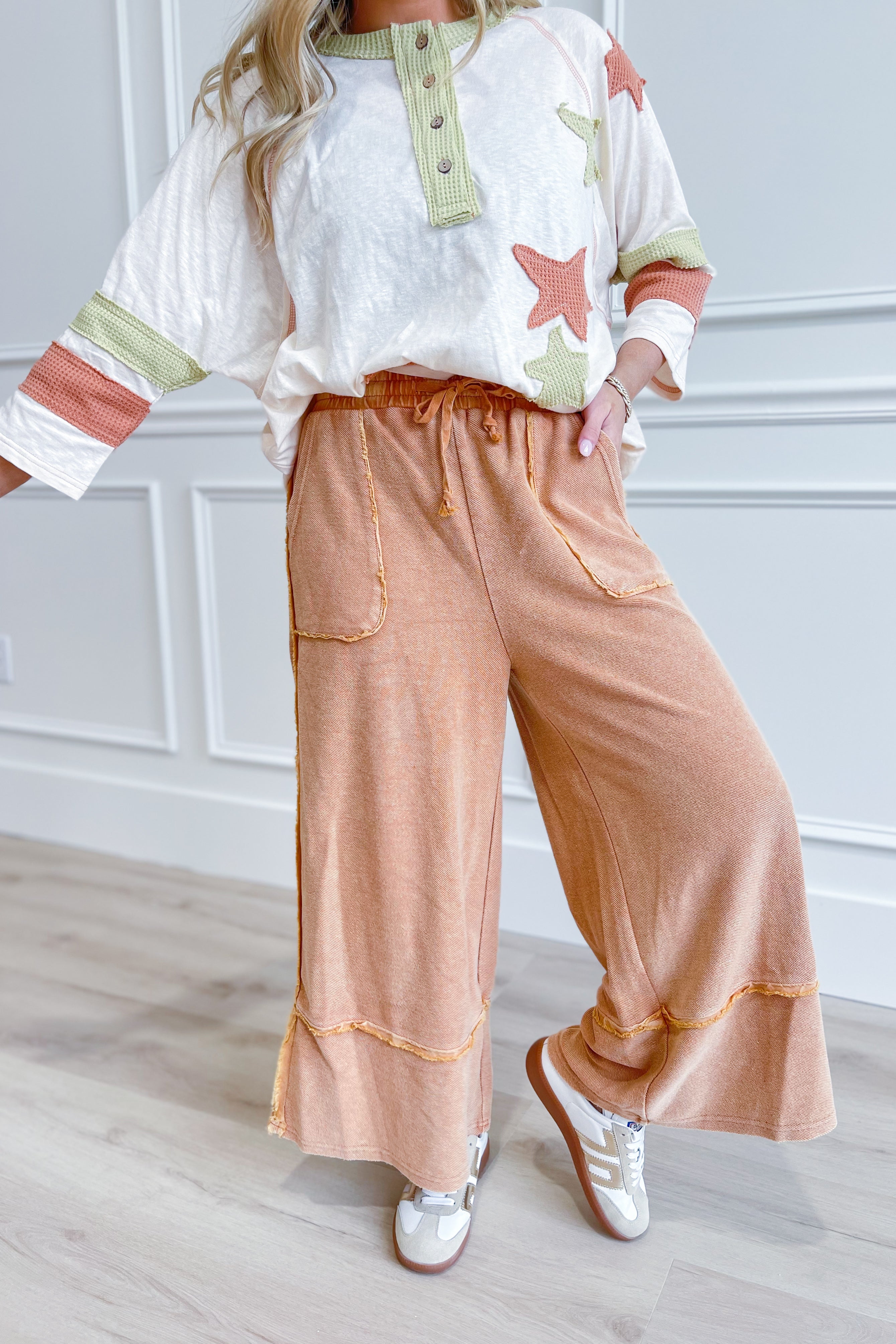 EASEL Caris Mineral Washed Terry Knit Wide Leg Palazzo Pants in neutral tones, upside-down style, full length with wide legs and relaxed fit.