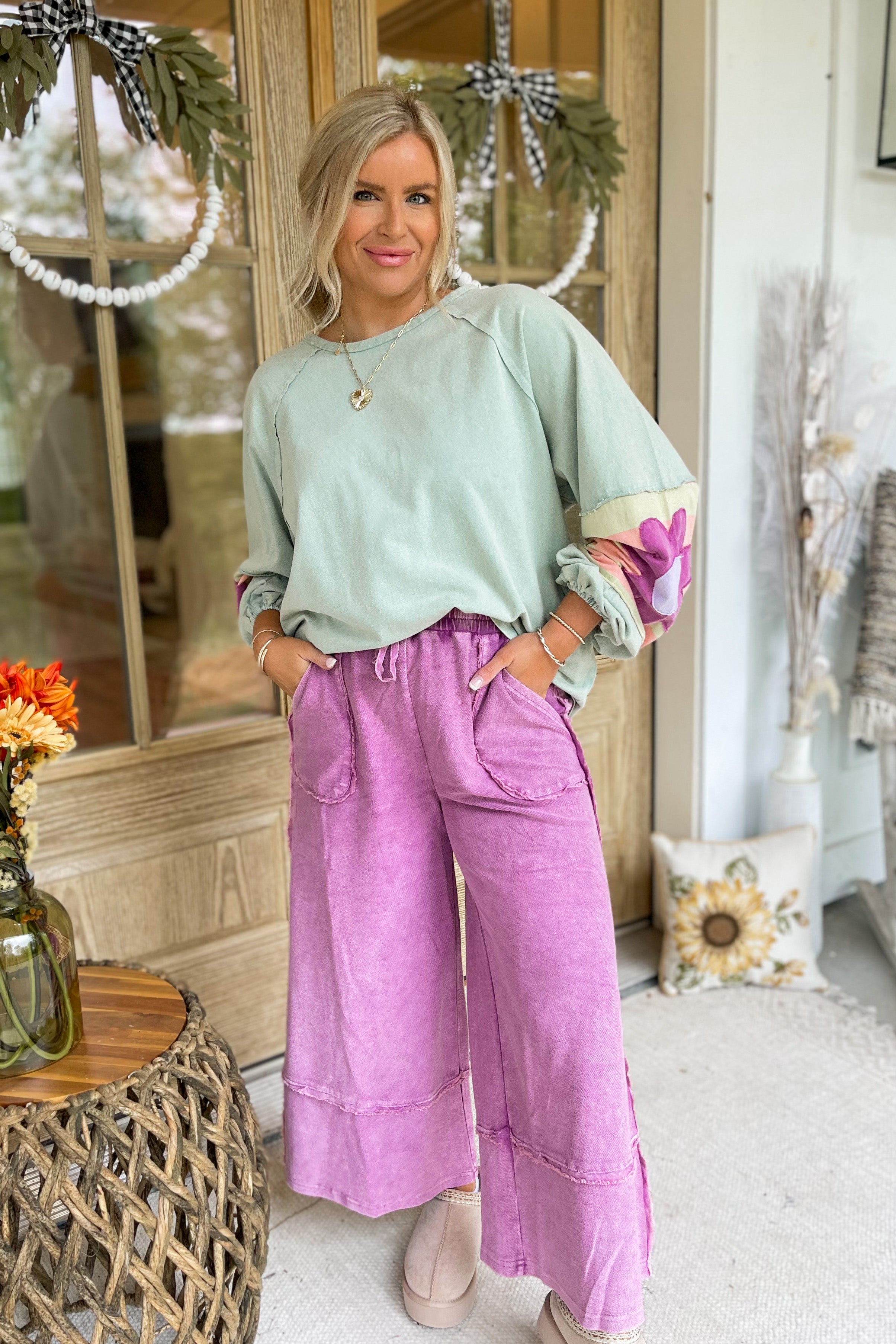 EASEL Caris Mineral Washed Terry Knit Wide Leg Palazzo Pants in various sizes, shown upside down on a model.