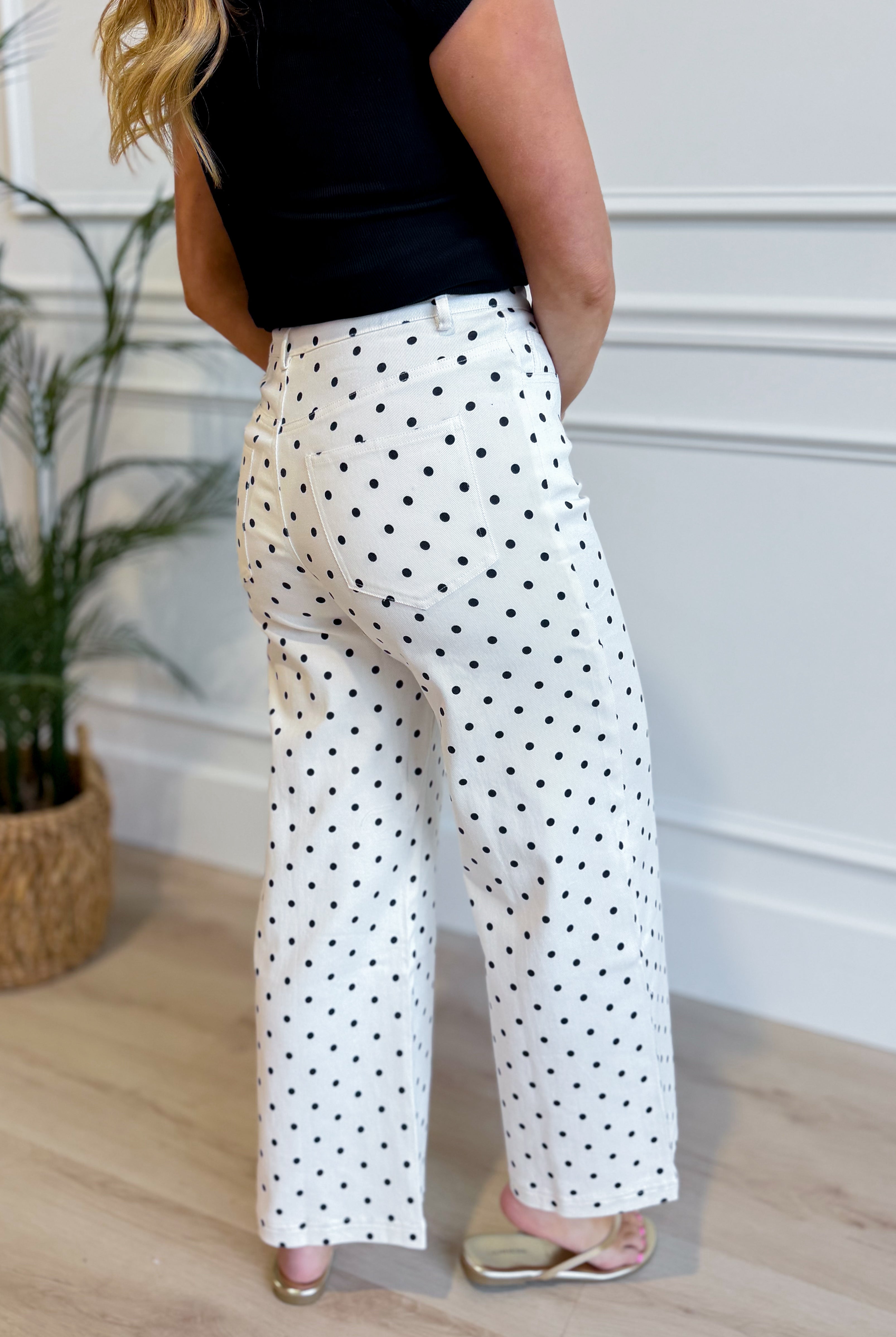 ENTRO Oscar Polka Dot Wide Leg Pant from 147 Novelty Jeans, featuring a stylish polka dot pattern and wide-leg fit.