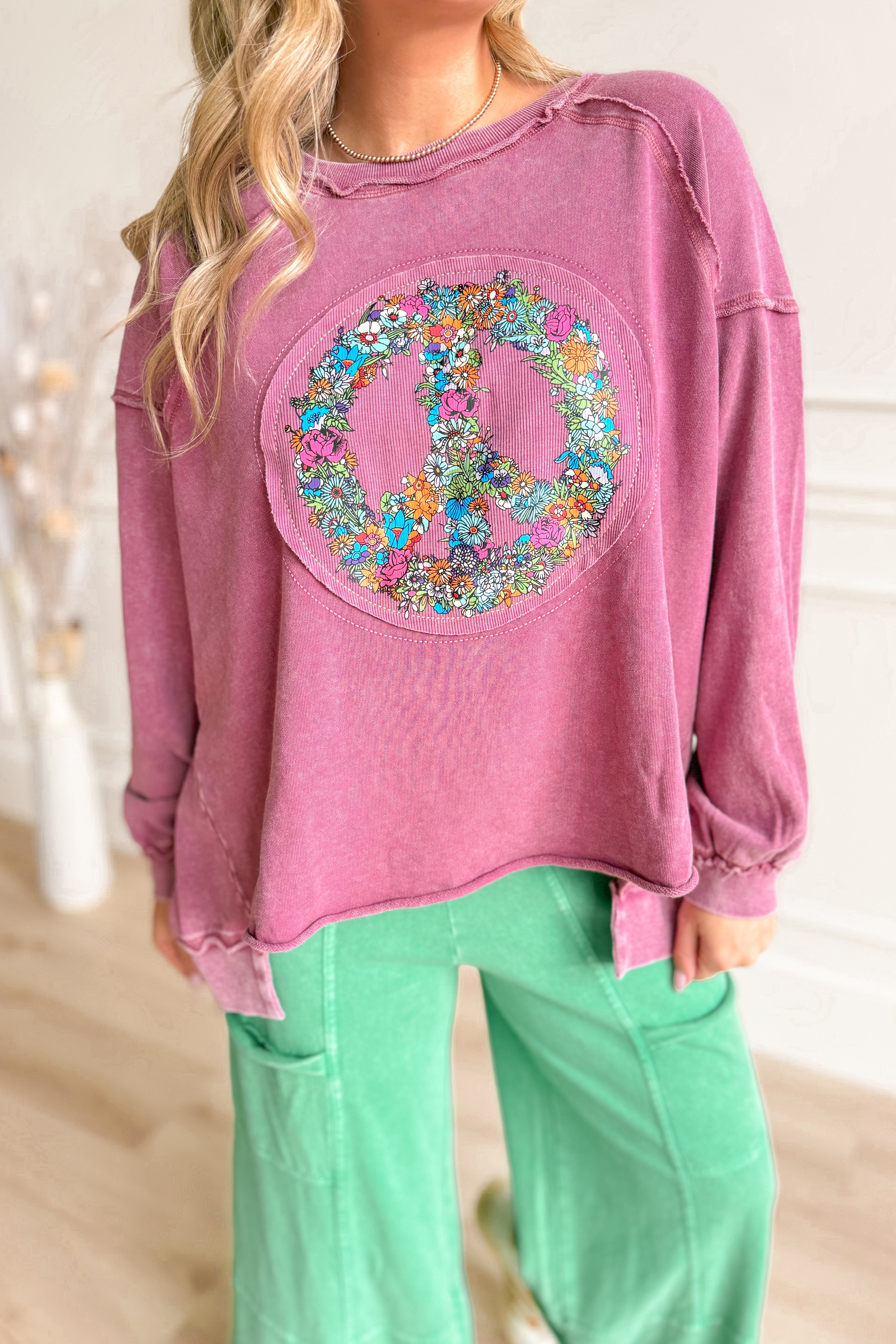 Binny Mineral Washed Peace Sign Pullover - Be You Boutique