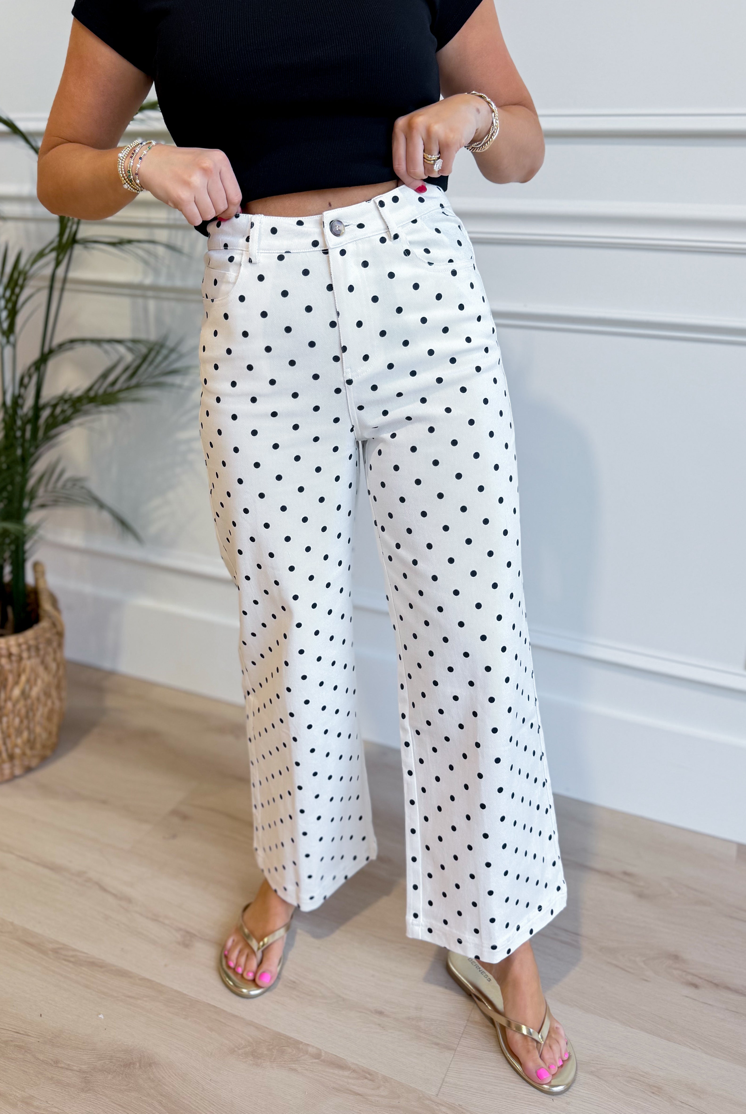 ENTRO Oscar Polka Dot Wide Leg Pant from 147 Novelty Jeans, featuring a stylish polka dot pattern and wide-leg fit.