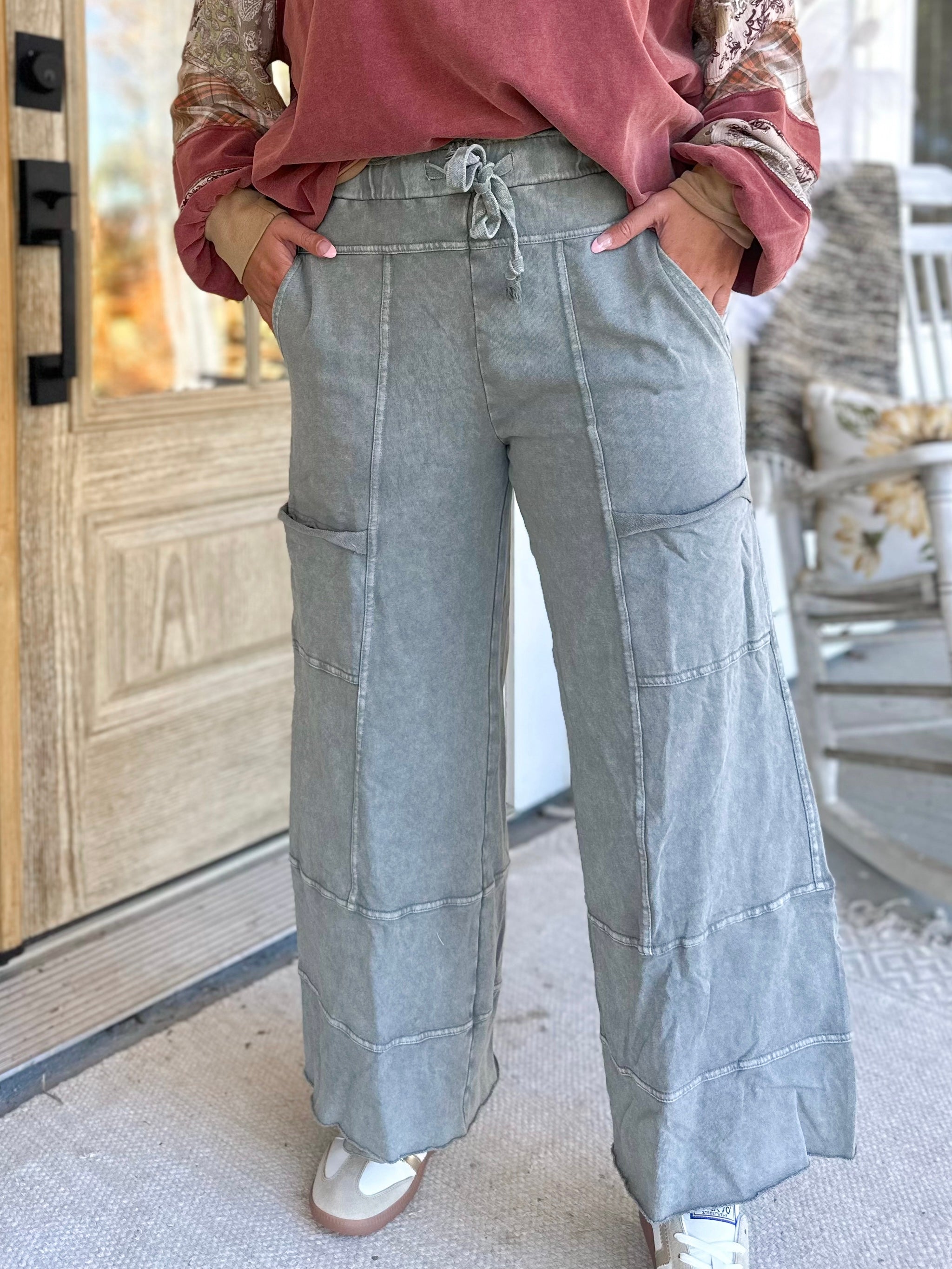 EASEL Bradley Mineral Washed Terry Knit Wide Leg Pants in neutral tone, relaxed fit, showcasing the wide-leg design and soft fabric.