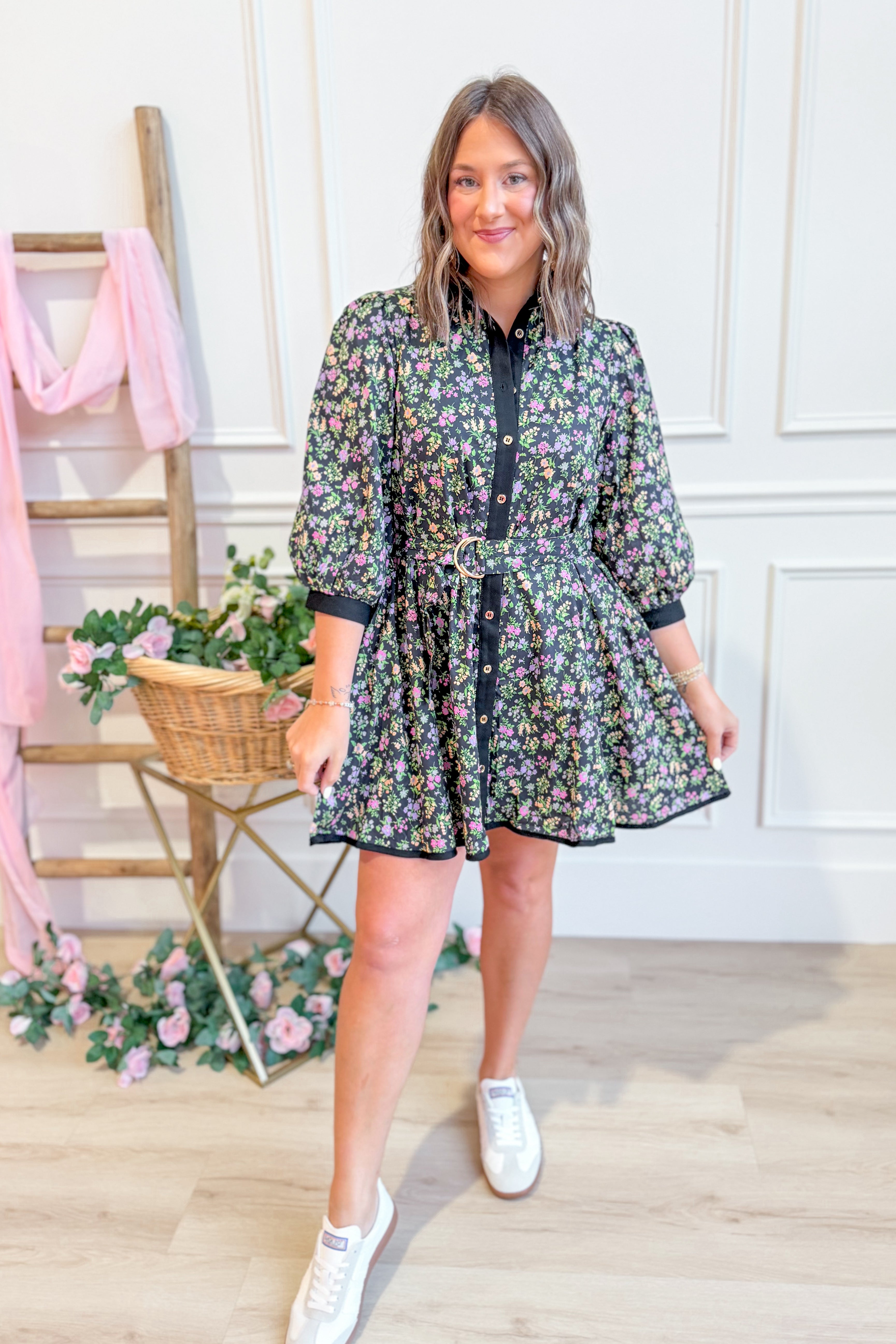 Court Belt Buckle Flower Printed Dress - Be You Boutique