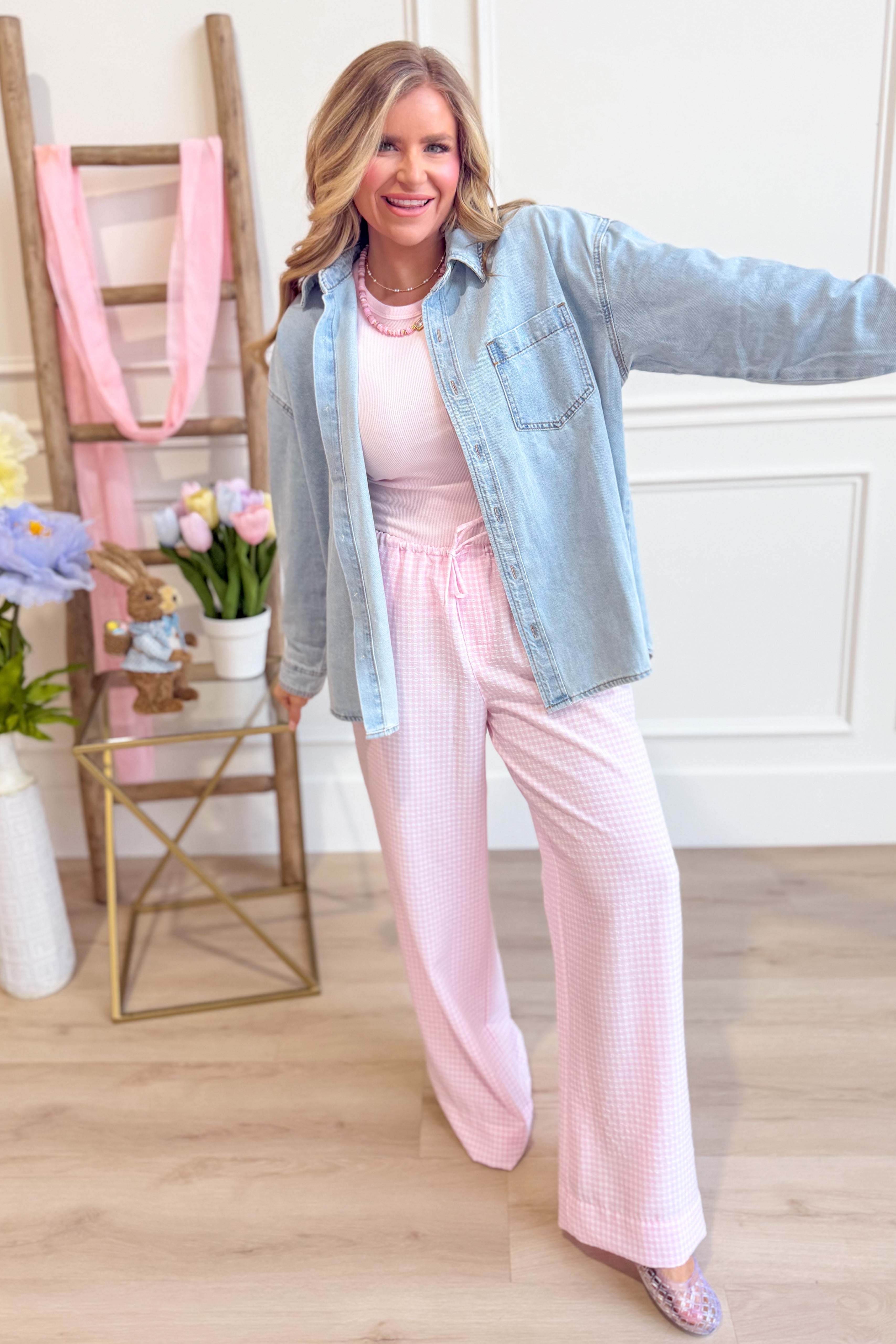 HYFVE Carrie Gingham Wide Leg Pant in black and white check pattern, high-waisted with wide-leg design, casual and stylish.