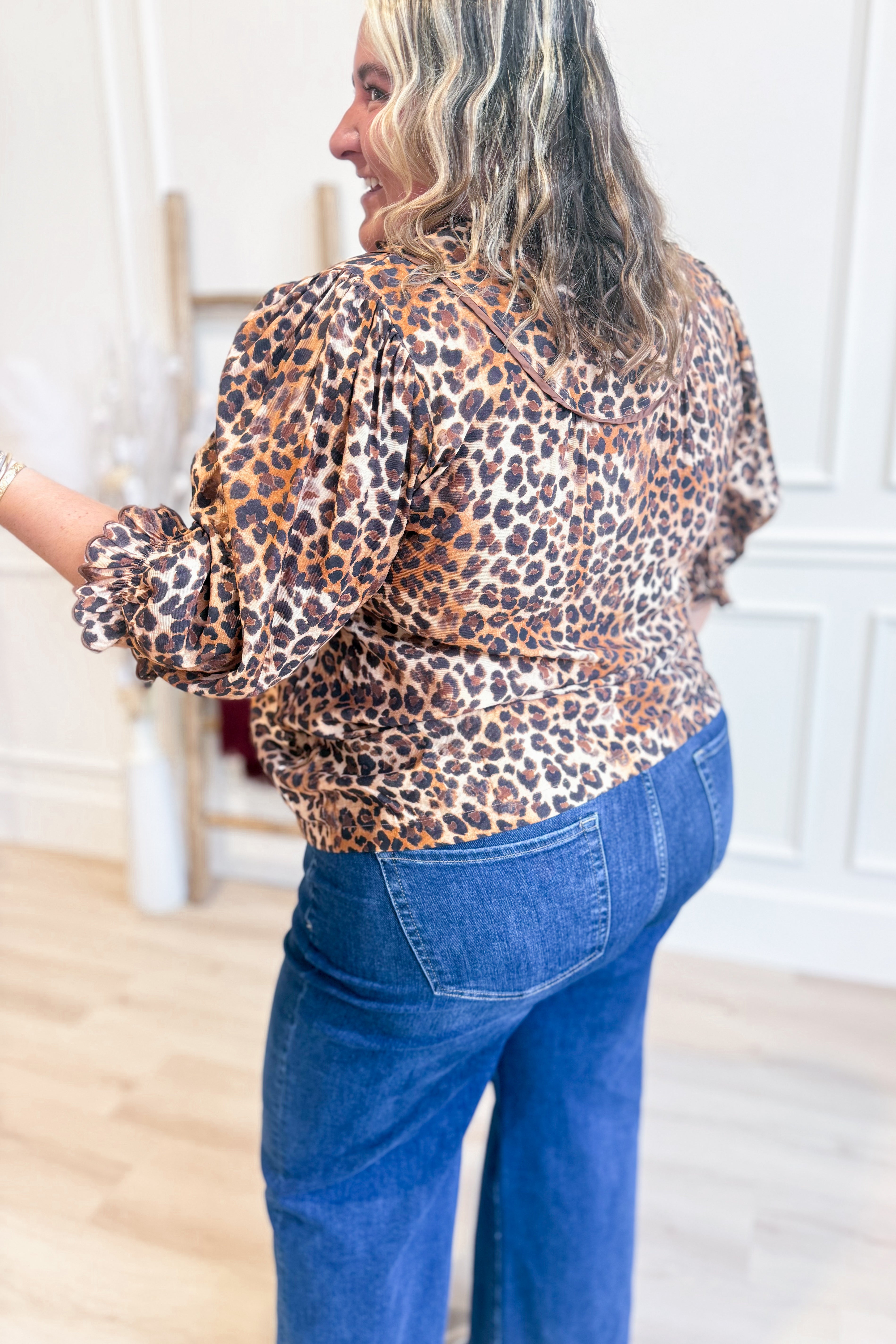 Miranda Leopard Ruffle Mock Neck Blouse - Be You Boutique