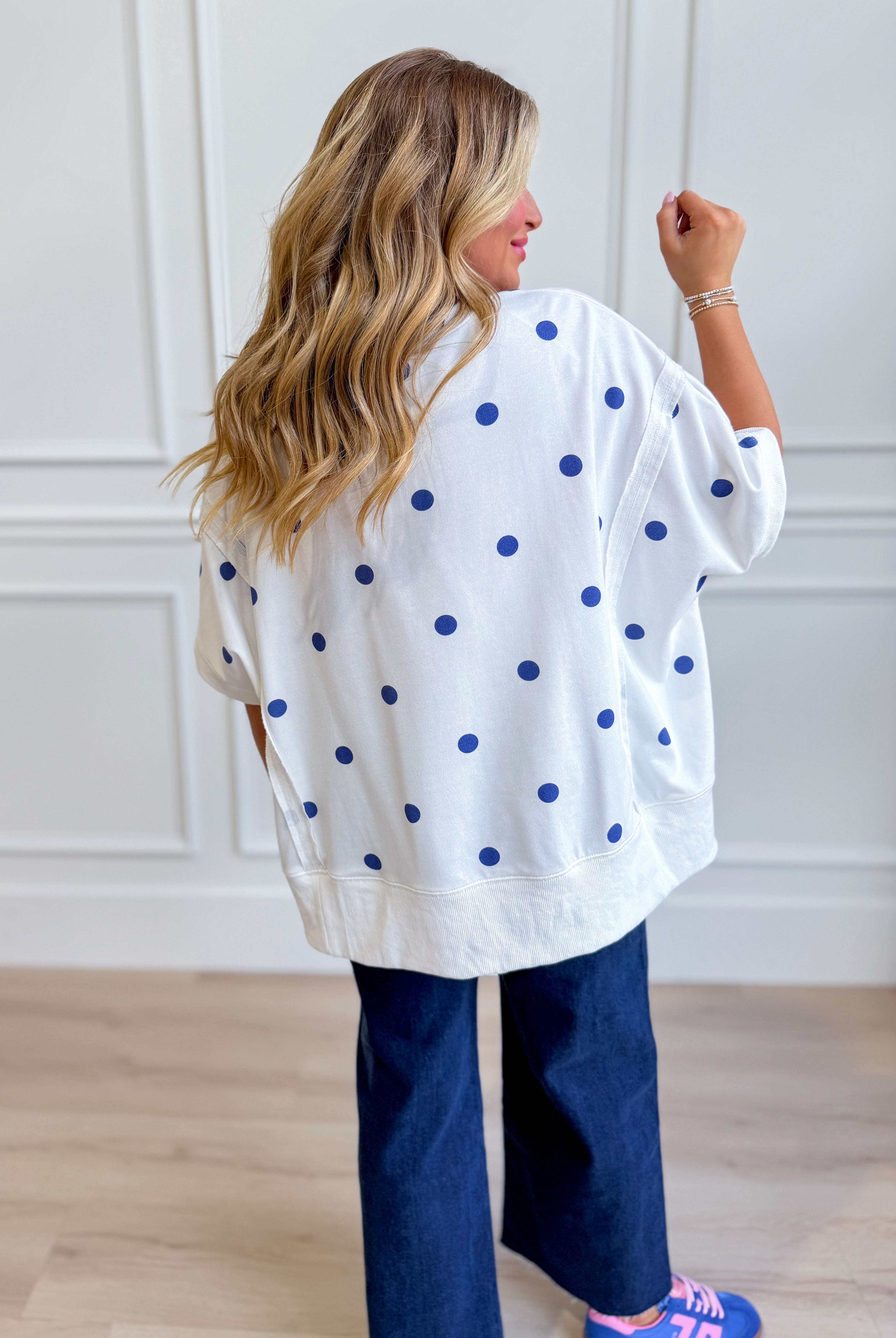 PEACH LOVE Renee Polka Dot Dolman Sleeve Top, casual women's top with lightweight fabric and polka dot pattern.