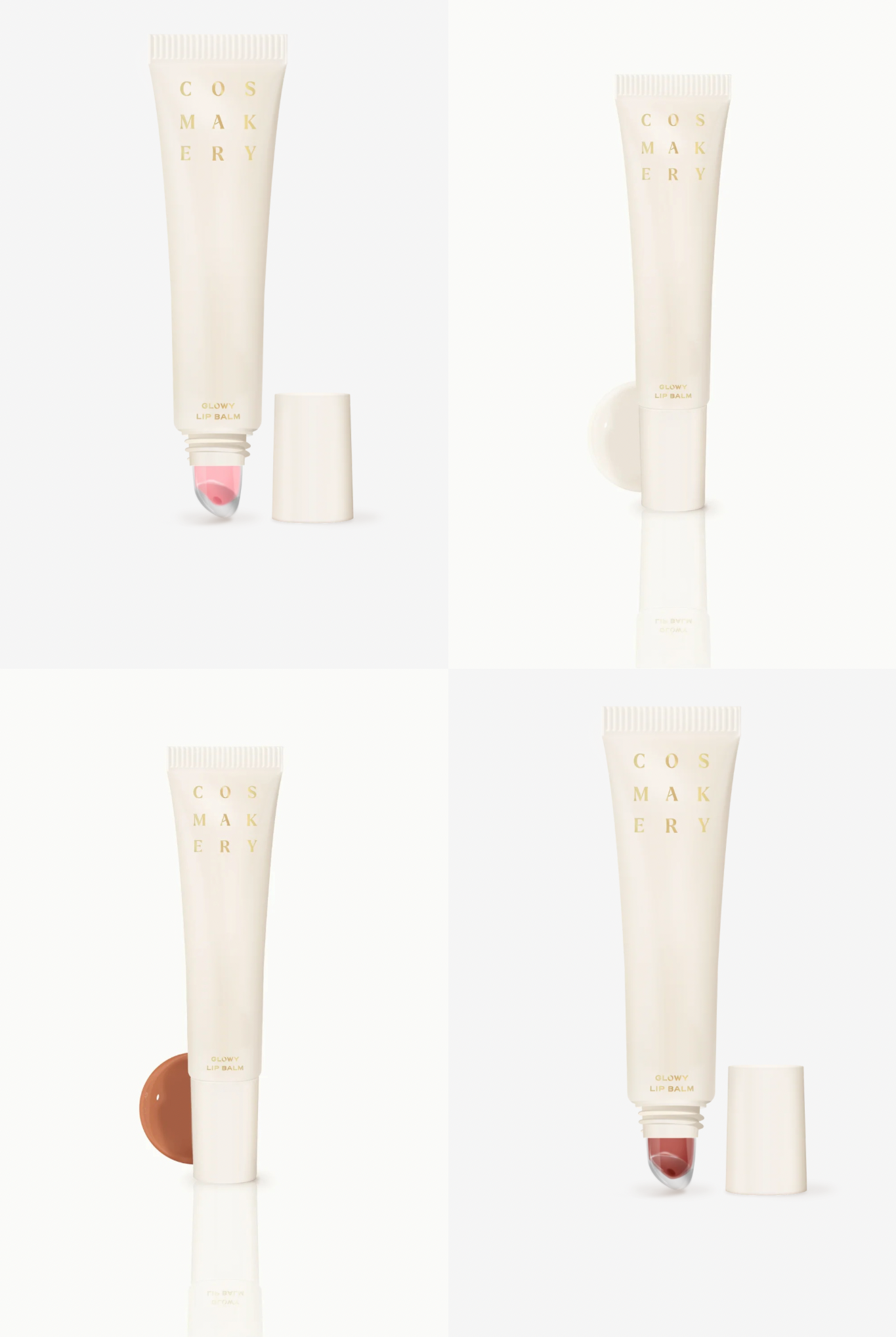 COSMAKERY Glowy Lip Balm in sleek packaging, featuring a shiny finish and smooth texture for hydrated, luminous lips.